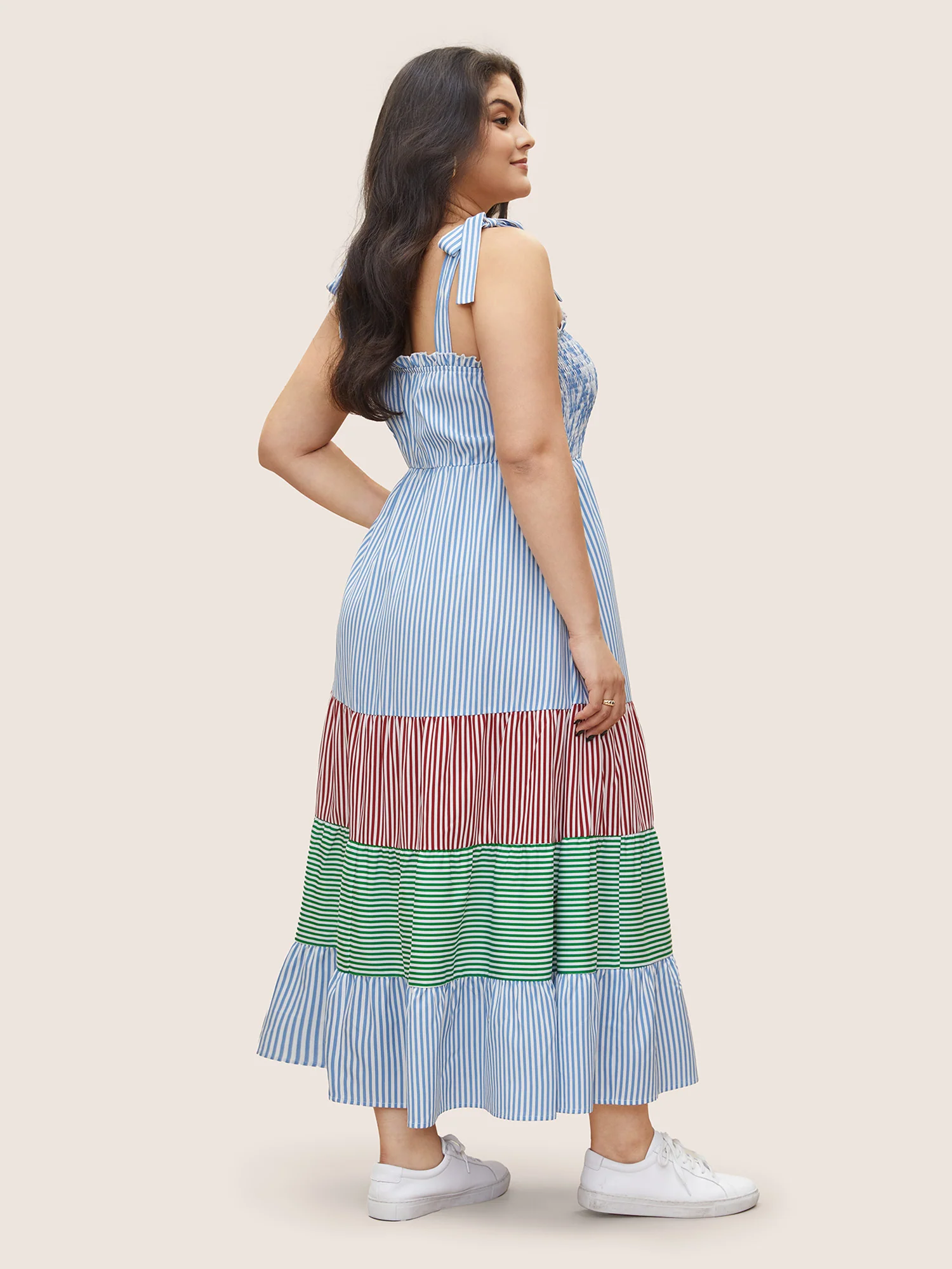 Contrast Striped Patchwork Shirred Ties Dress - Image 3