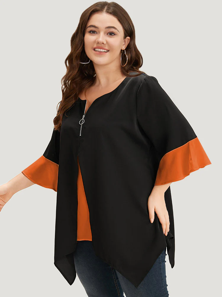 Anti-Wrinkle Contrast Zip Up Flutter Sleeve Hanky Hem Blouse - Image 11
