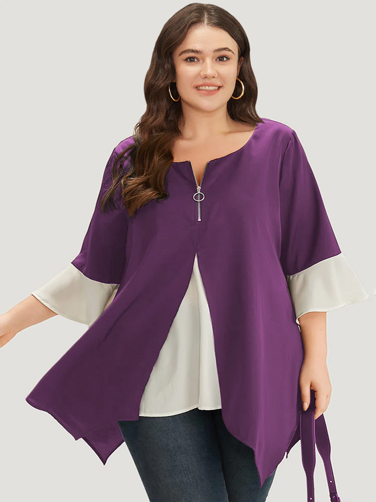 Anti-Wrinkle Contrast Zip Up Flutter Sleeve Hanky Hem Blouse - Image 18