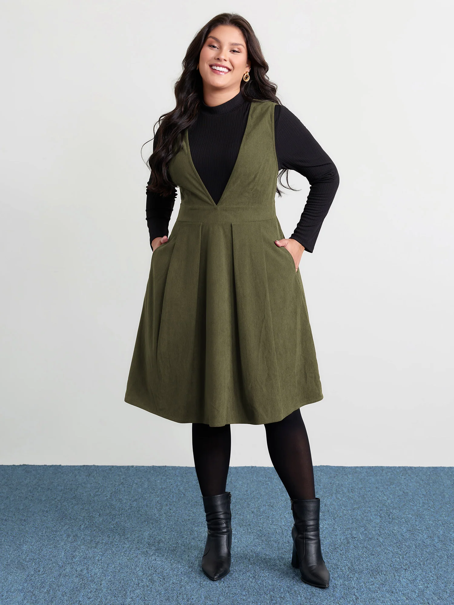 Corduroy Stretchy Waist V-Neck Mini Dress - Image 19