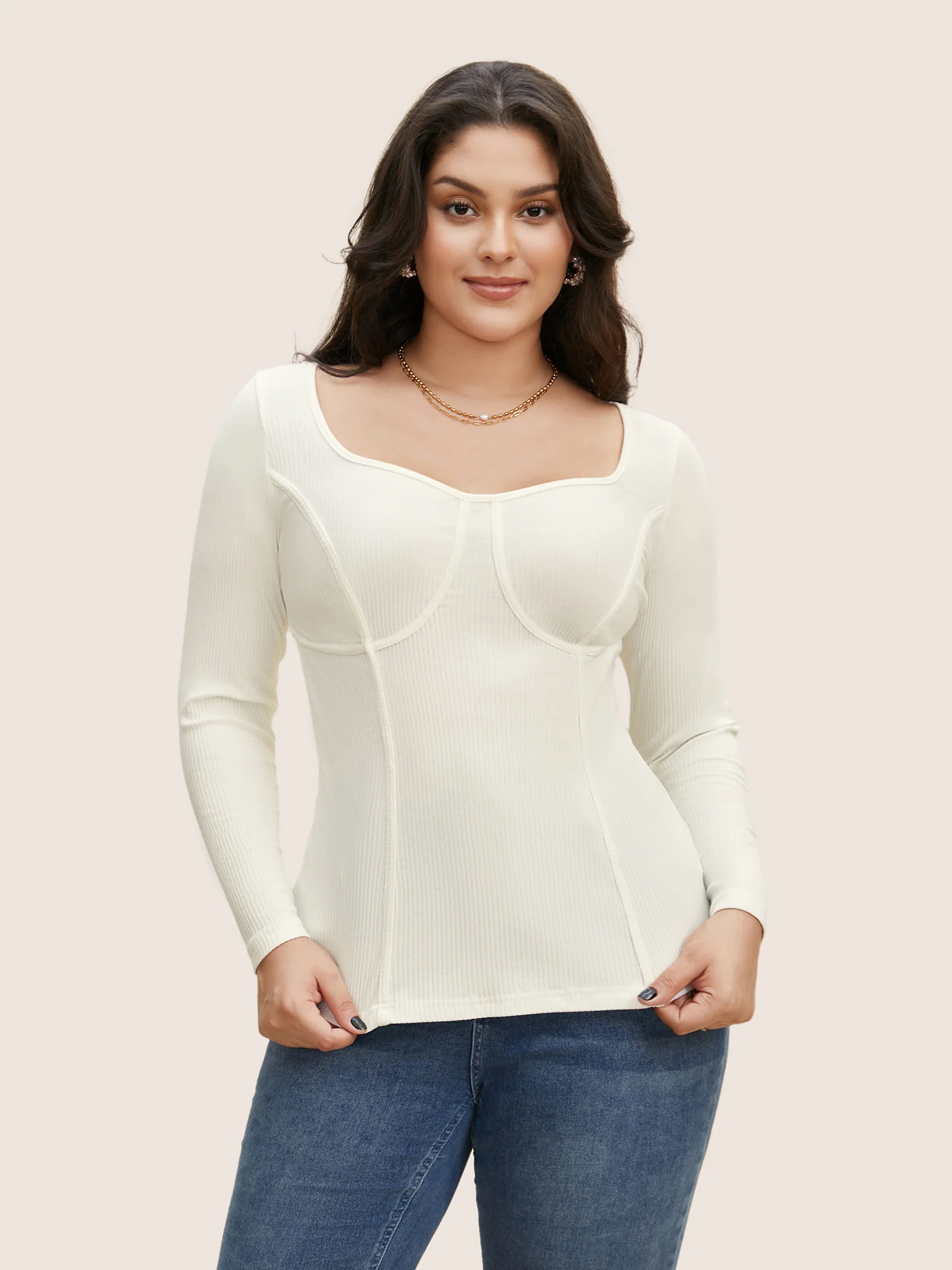 Cotton Asymmetrical Neck Tucked Seam Knit T-shirt