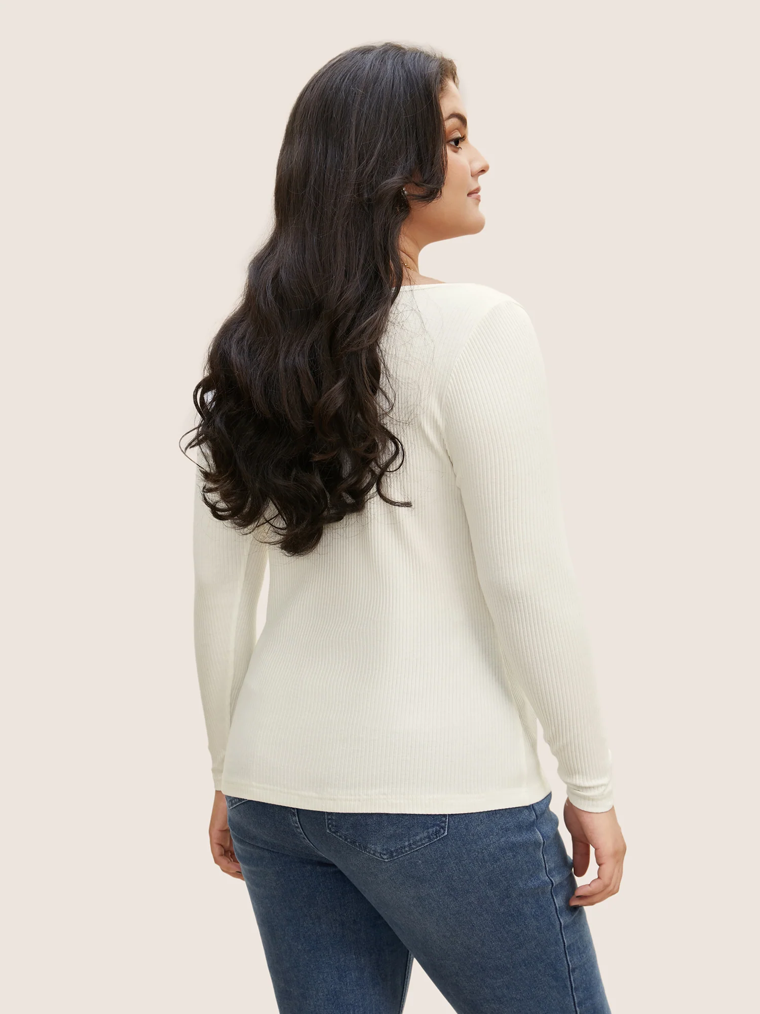 Cotton Asymmetrical Neck Tucked Seam Knit T-shirt - Image 5