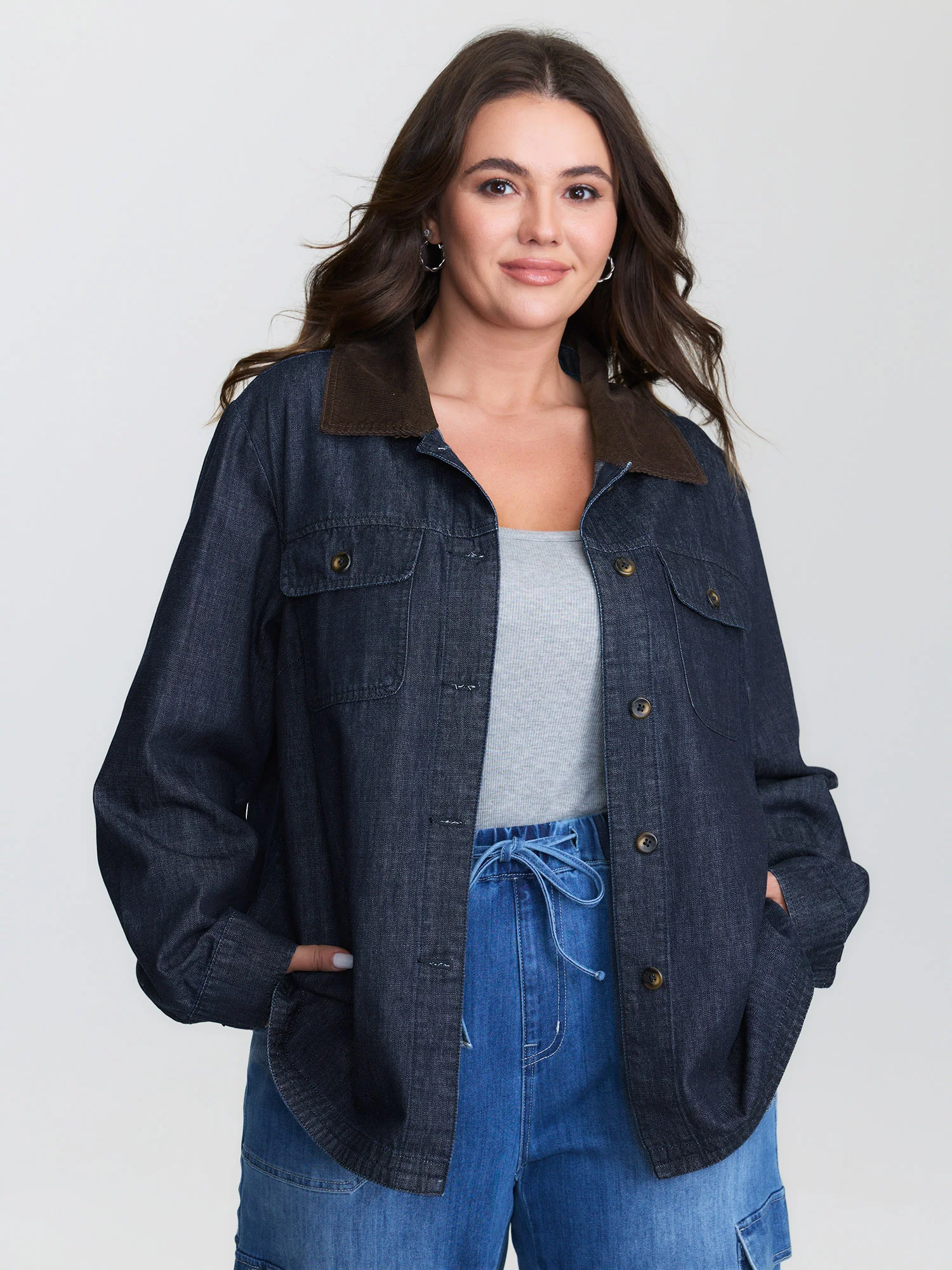 Cotton Contrast Collar Button-Down Denim Top