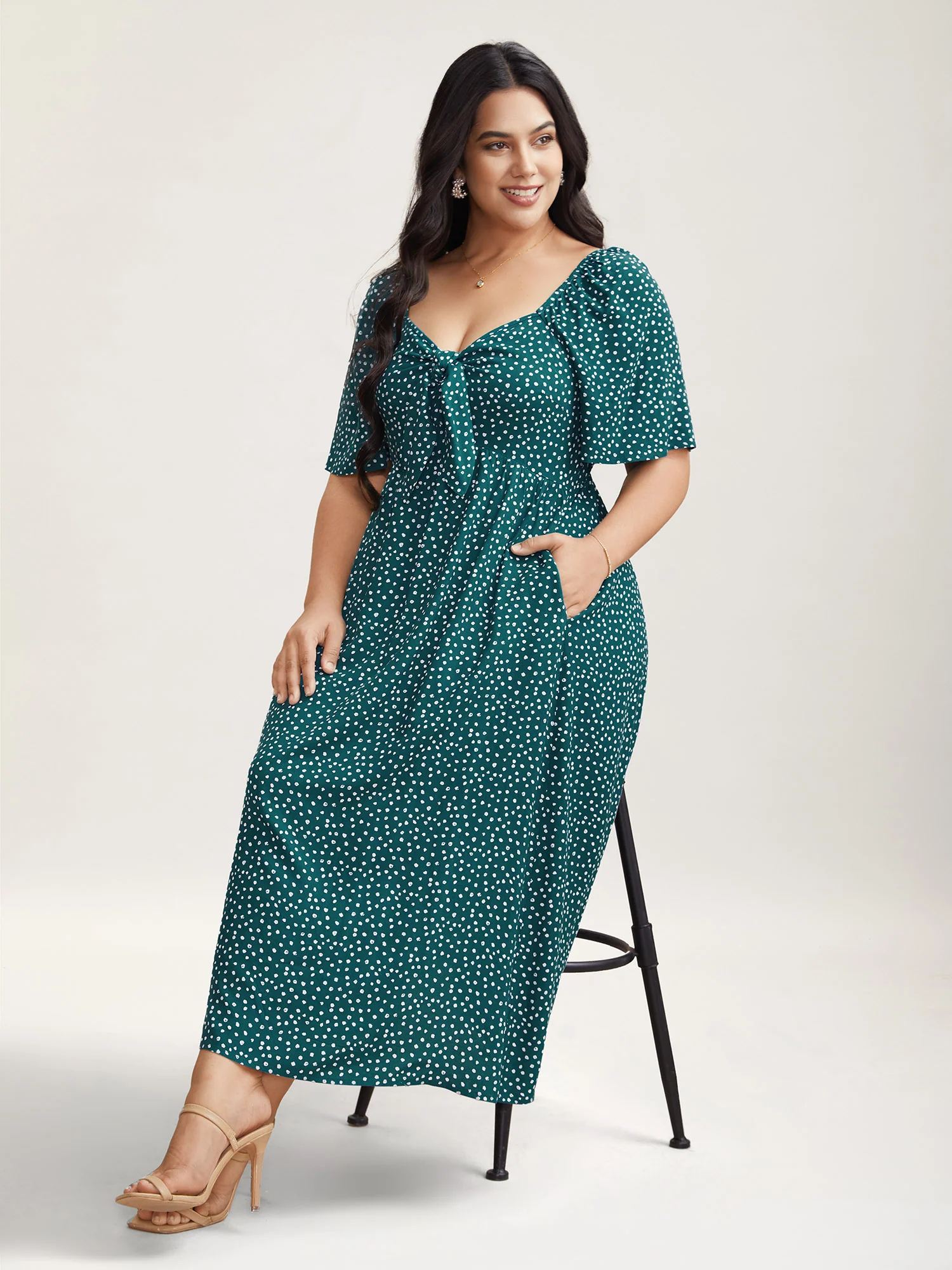 Rayon Polka Dot Neck-Tie Midi Dress - Image 3