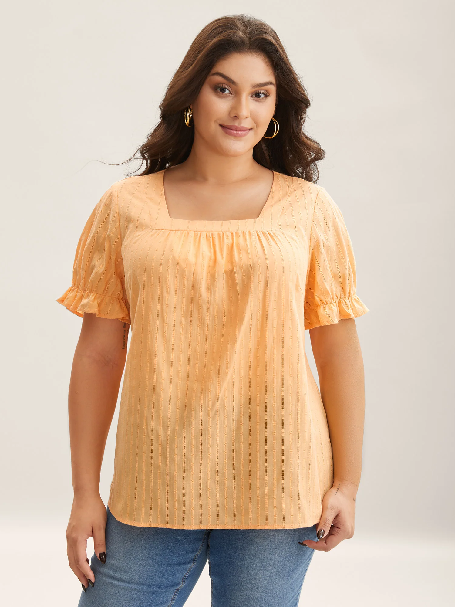 Cotton Square Neck Ruffled Sleeve Shirt - Image 20