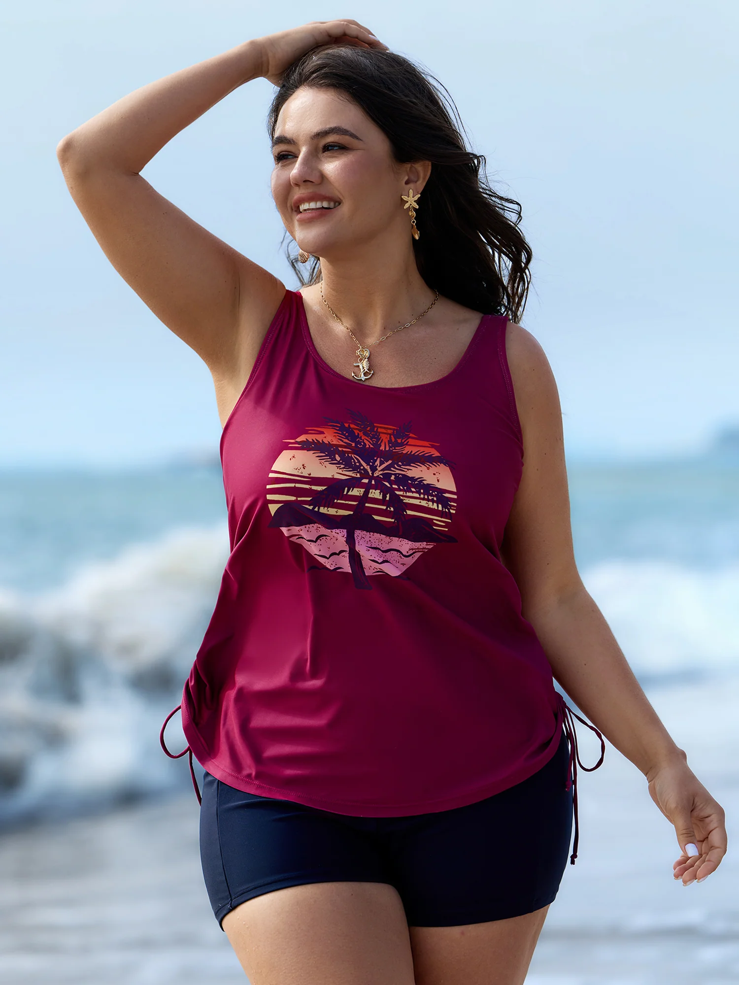 Island Print Drawstring Adjustable Swim Top - Image 37