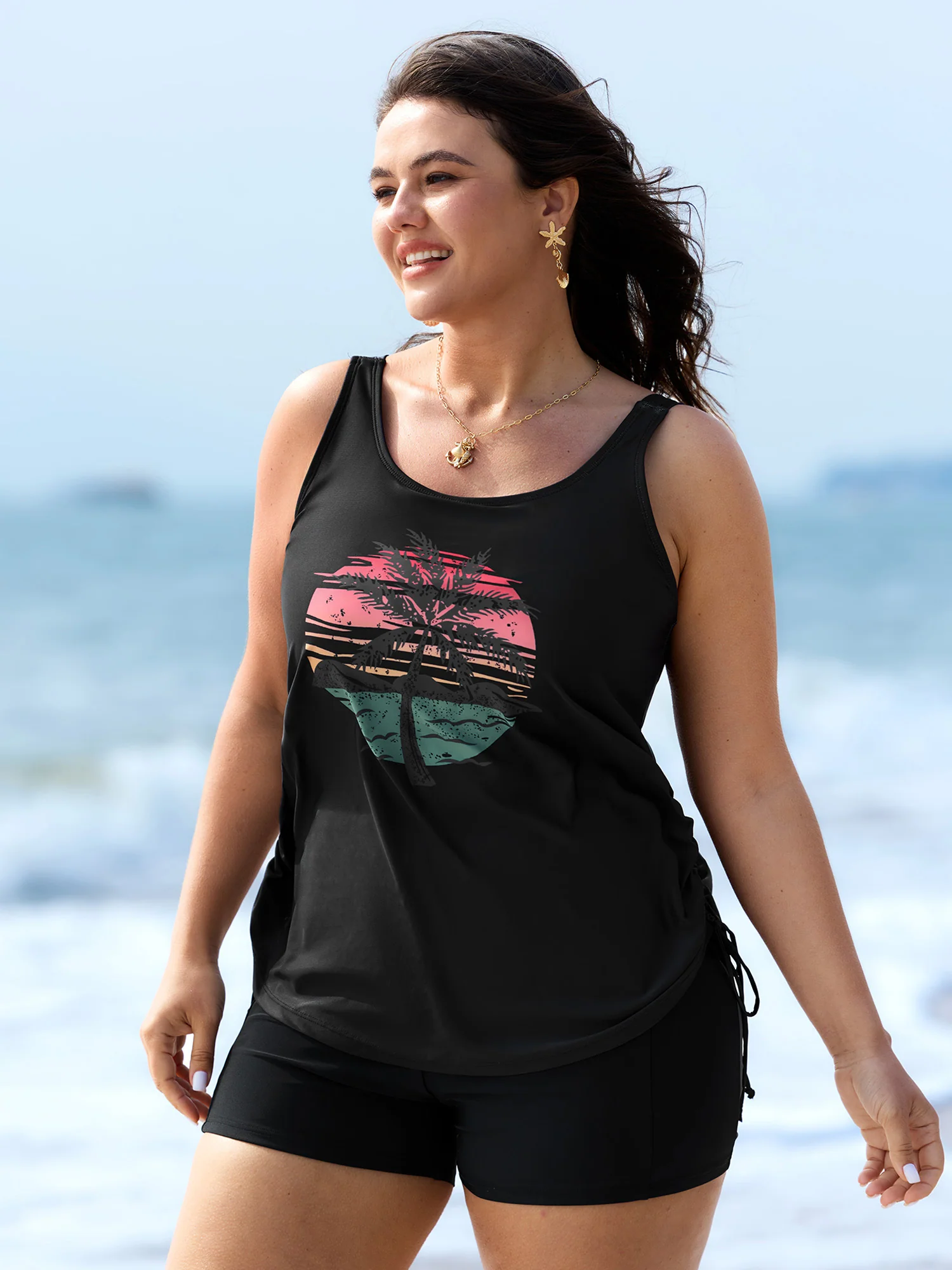 Island Print Drawstring Adjustable Swim Top - Image 9