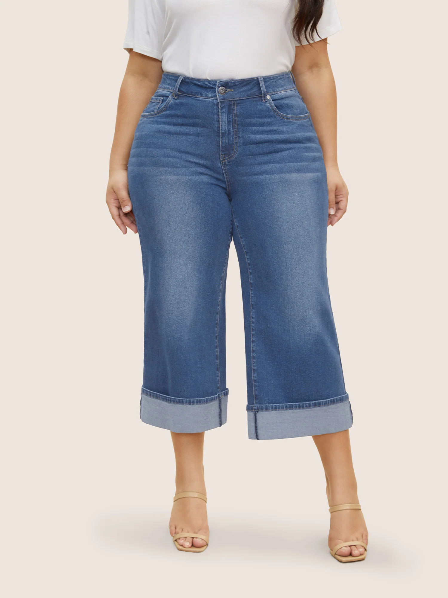Dark Wash Roll Hem Cropped Wide Leg Jeans