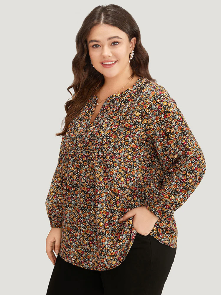 Ditsy Floral Notched Frill Trim Blouse - Image 6