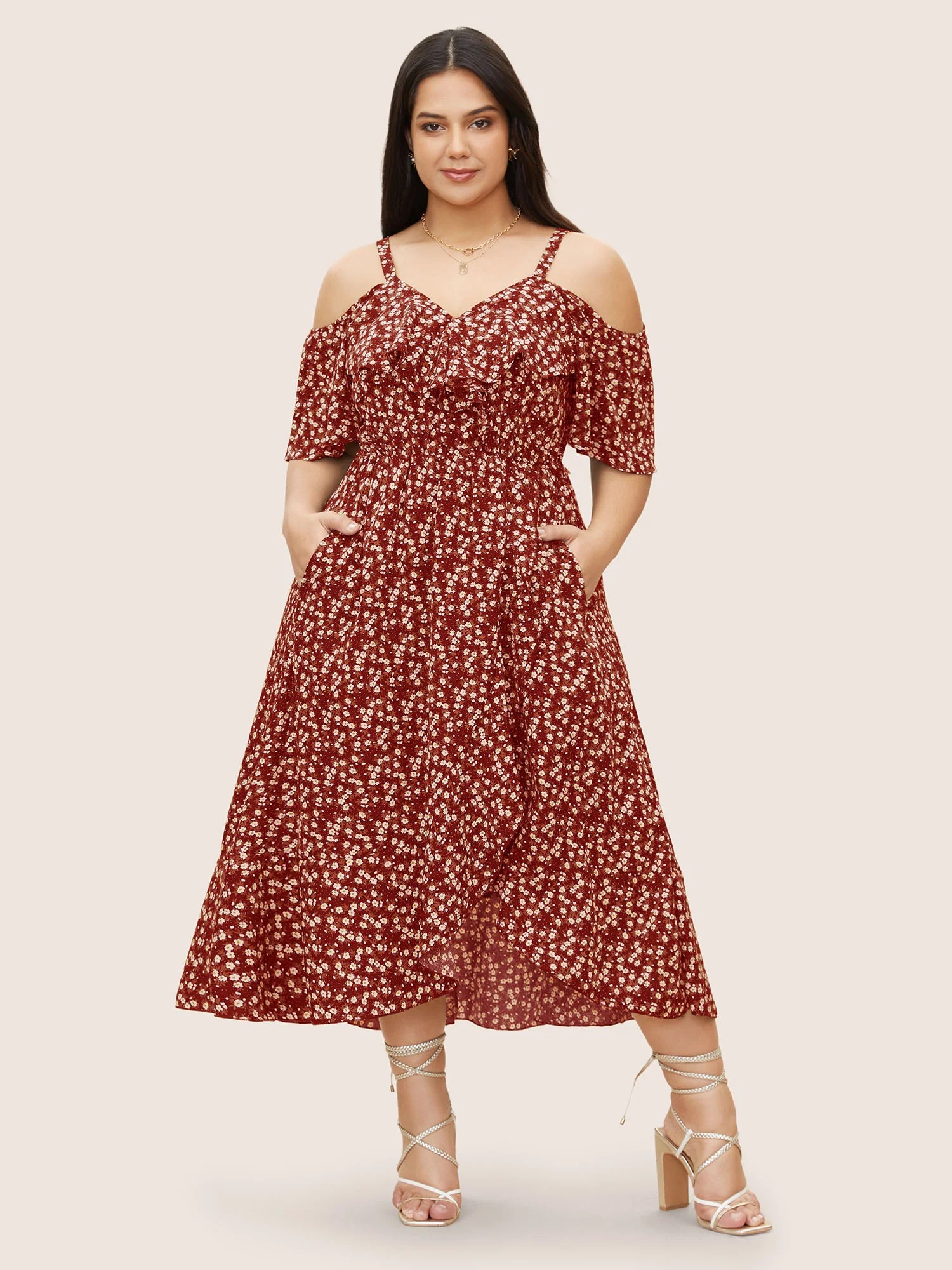 Ditsy Floral Pocket Wrap Cold Shoulder Ruffle Dress - Image 27