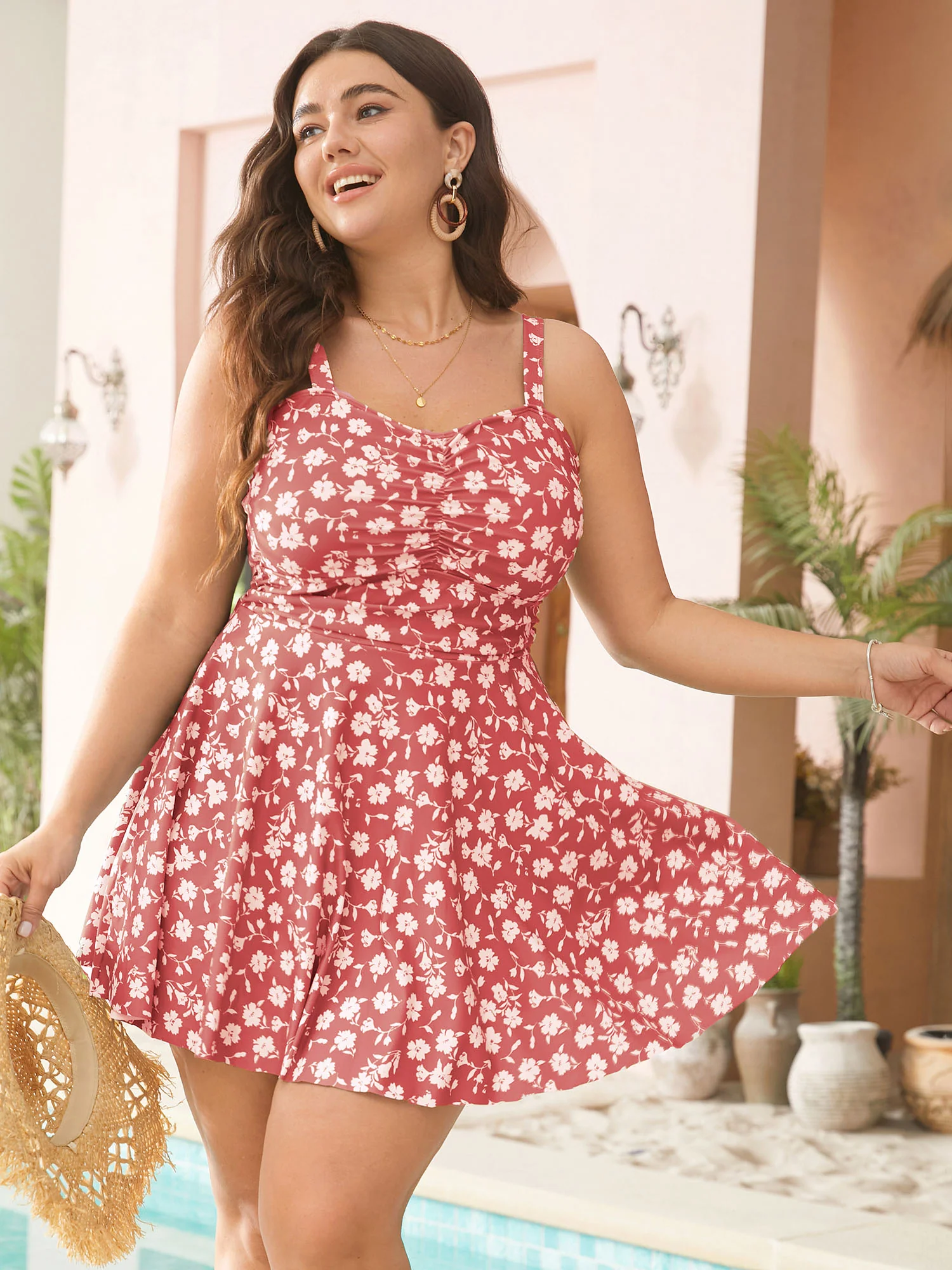 Ditsy Floral Ruched Empire Waist Swim Dress - Image 10