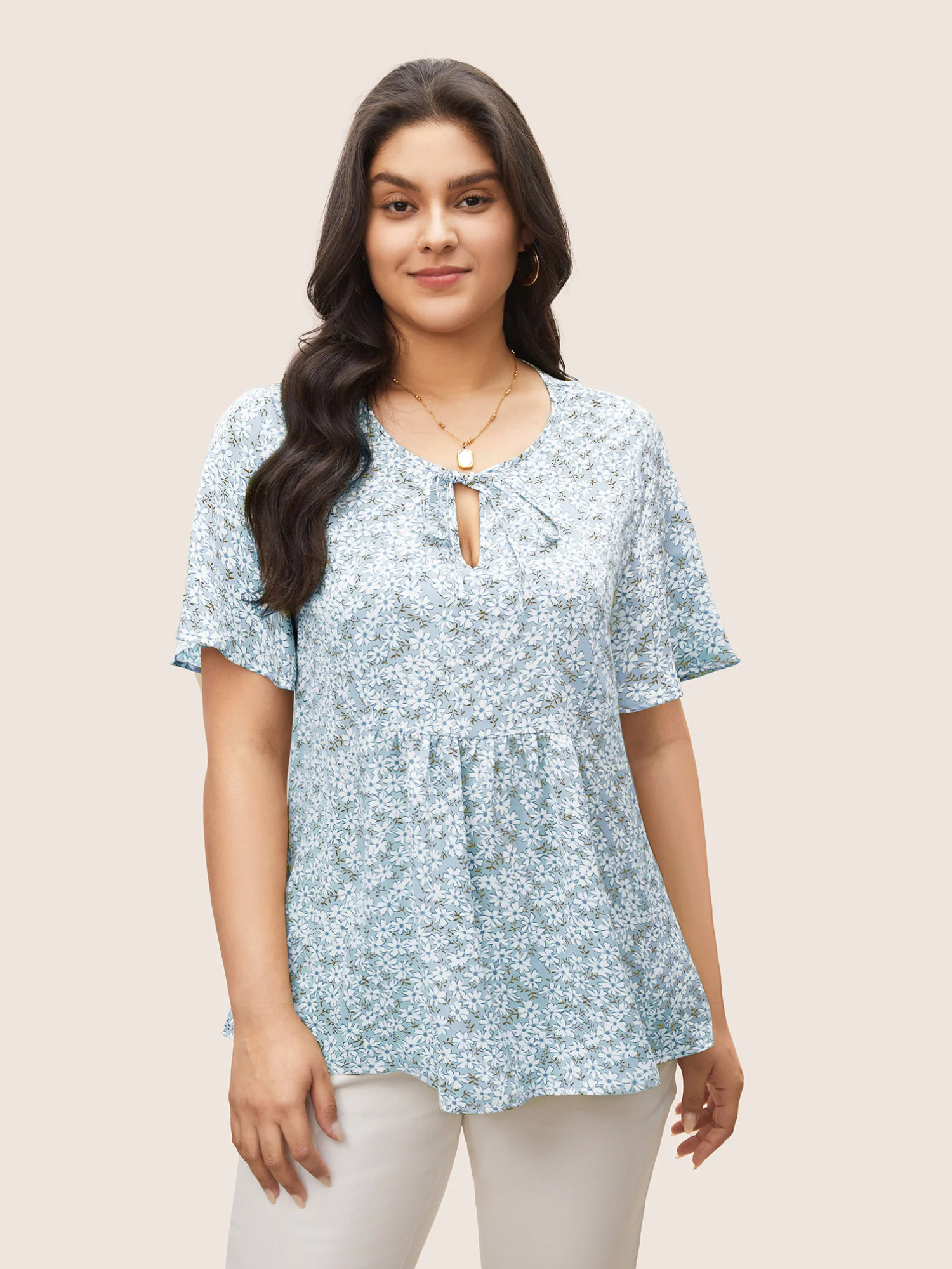 Ditsy Floral Ruffle Sleeve Gathered Ties Blouse - Image 10