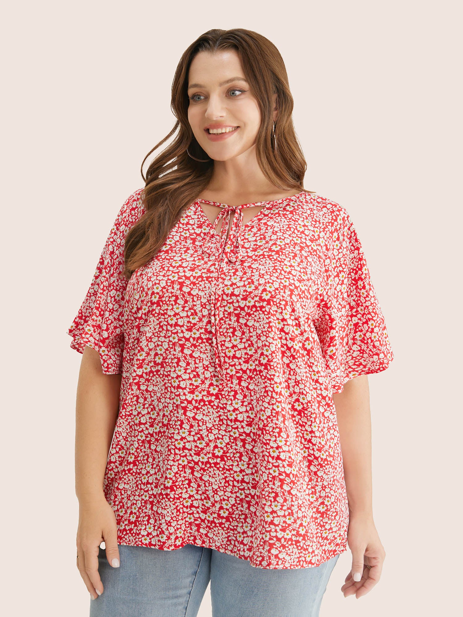 Ditsy Floral Ruffle Sleeve Tie Neck Blouse - Image 15