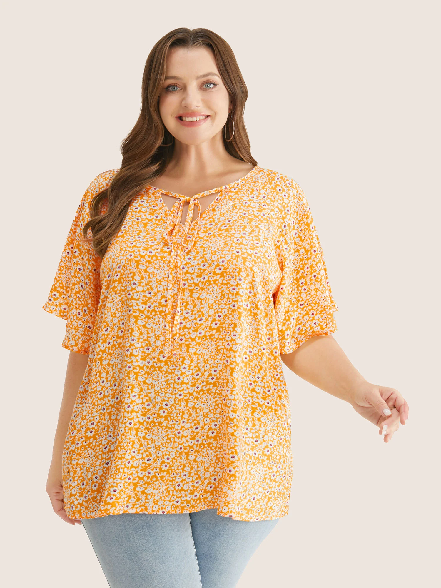 Ditsy Floral Ruffle Sleeve Tie Neck Blouse - Image 31