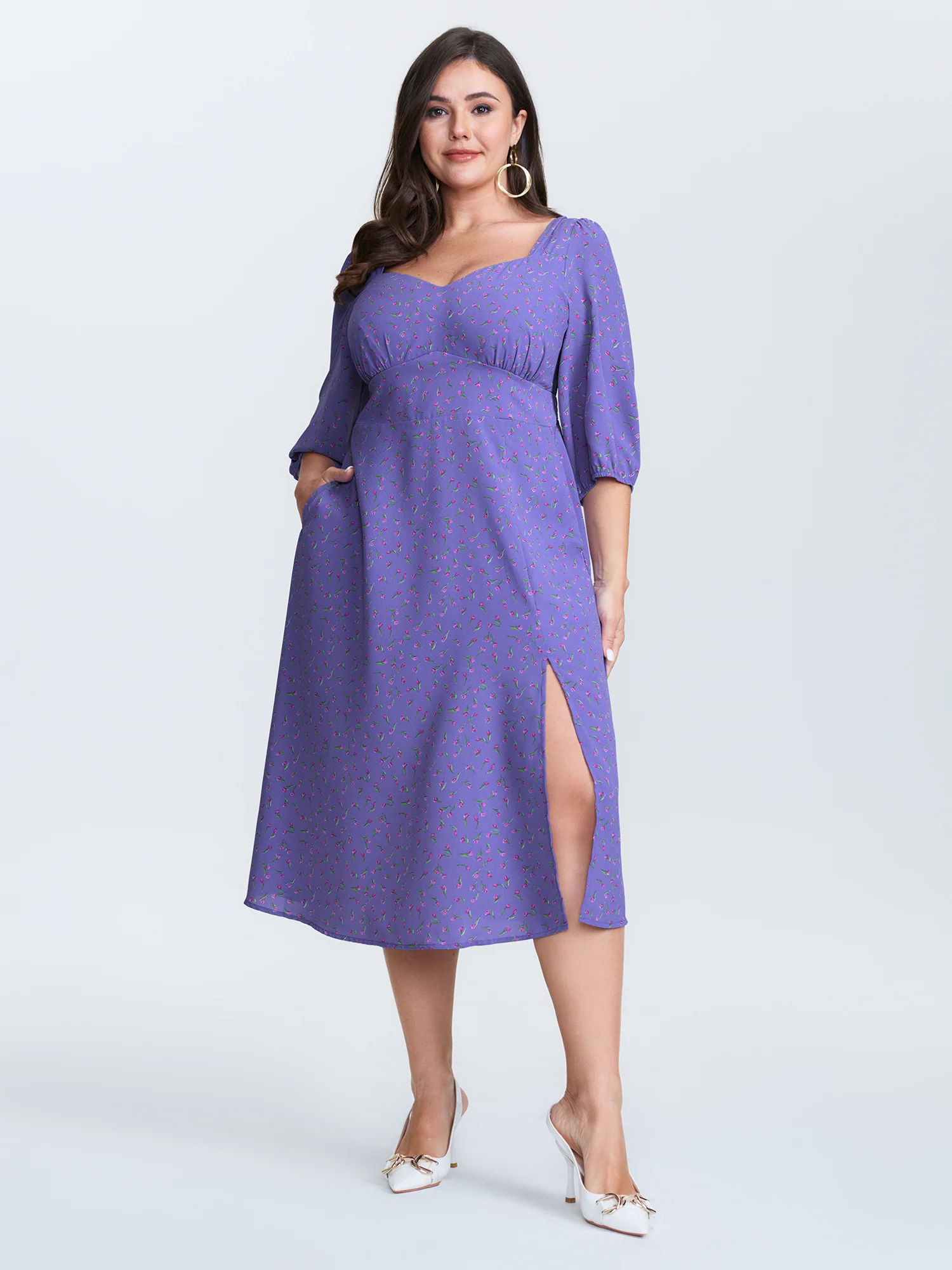 Ditsy Floral Sweetheart Neck Shirred Waist Midi Dress