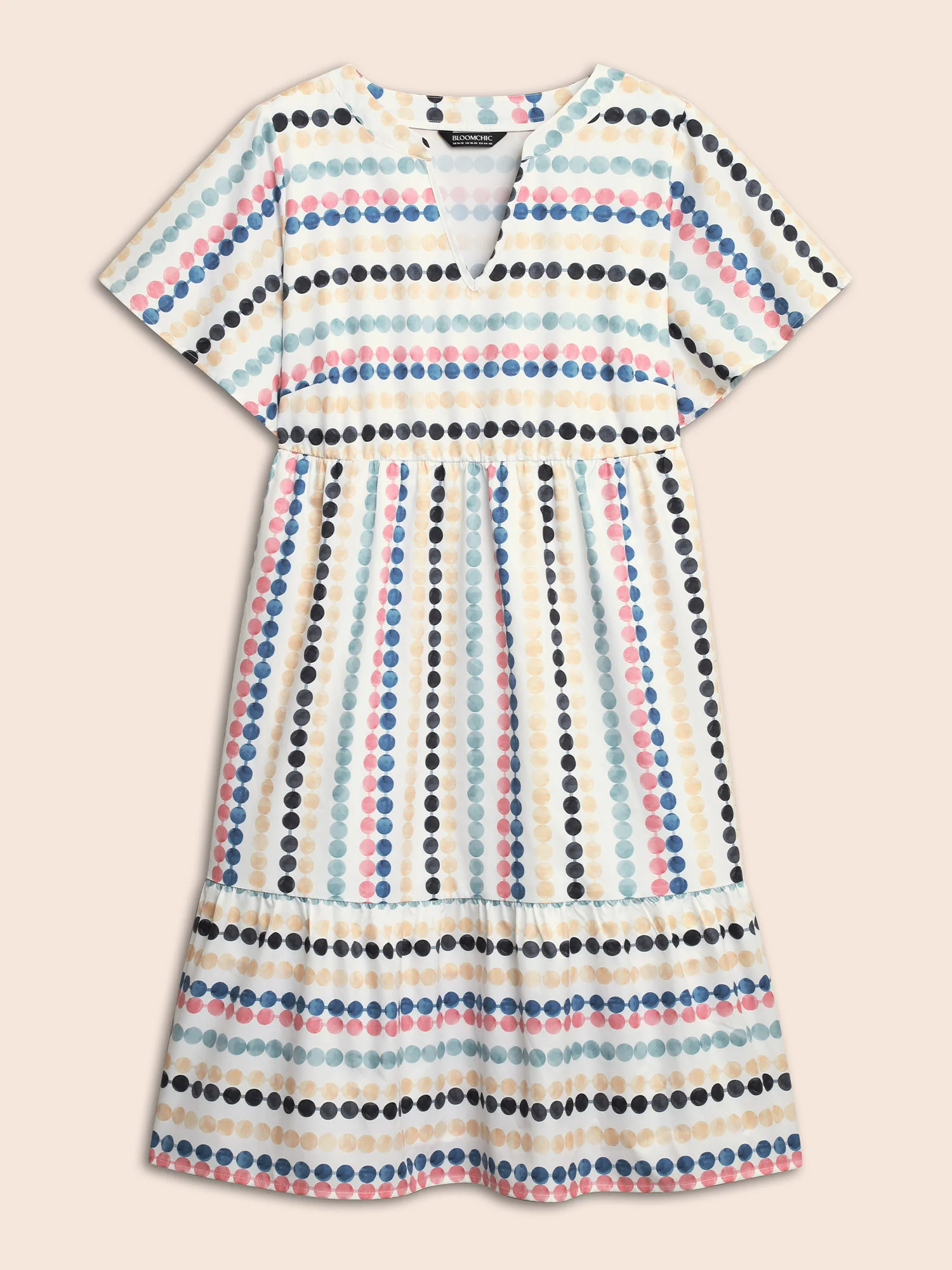Dot Print Elastic Waist Split Neck Midi Dress - Image 11