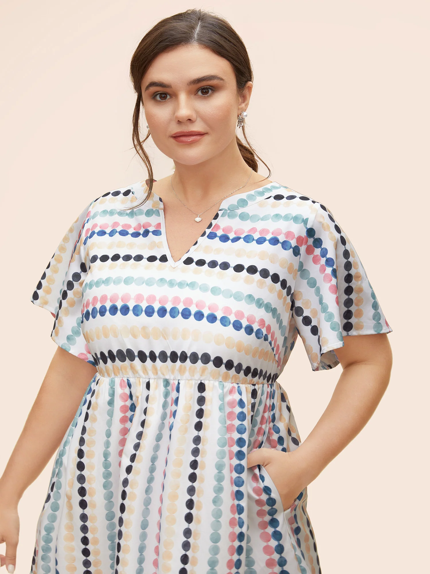 Dot Print Elastic Waist Split Neck Midi Dress - Image 8