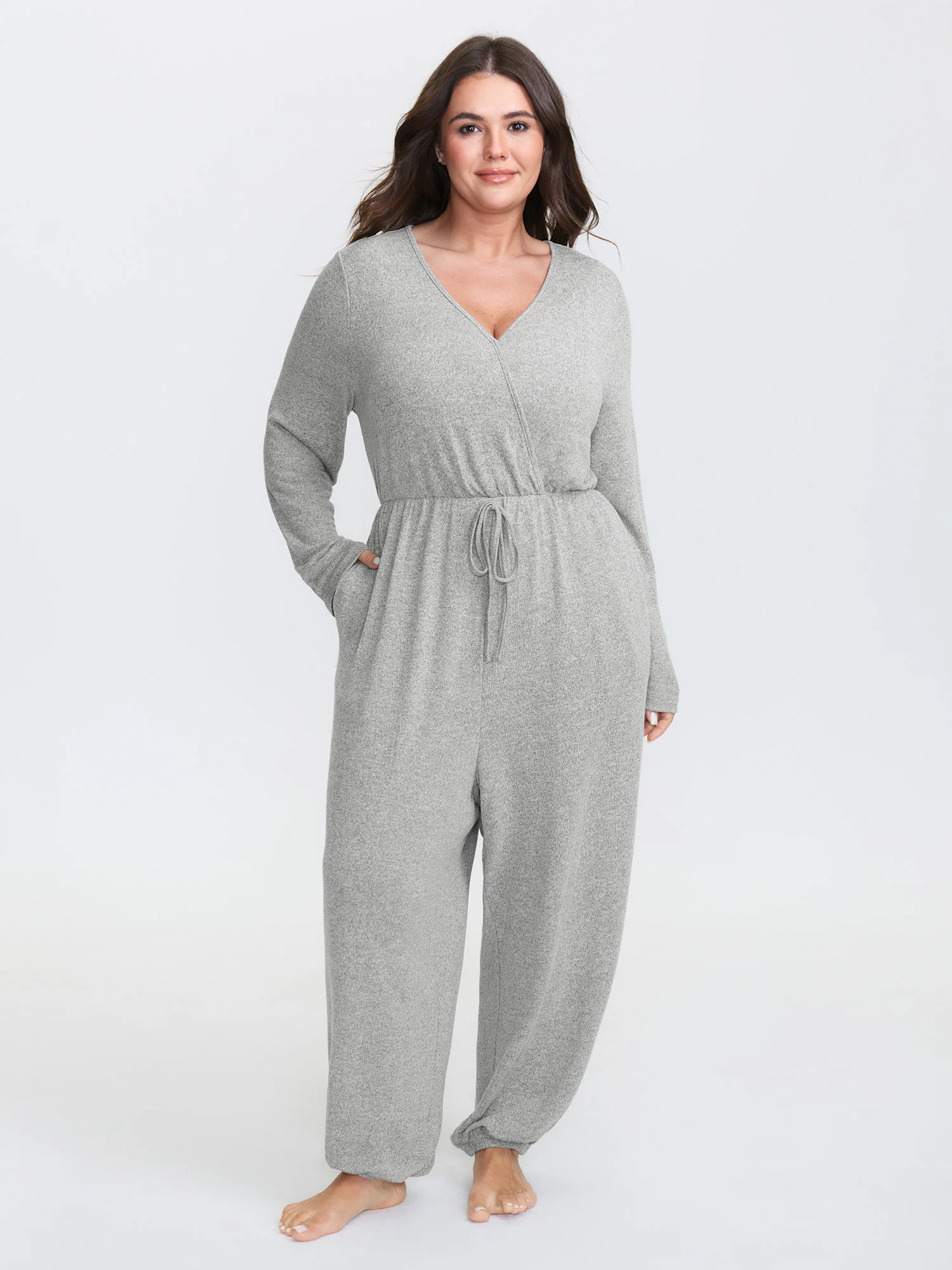 Elastic Waist Overlap Collar Lounge Jumpsuit - Image 16