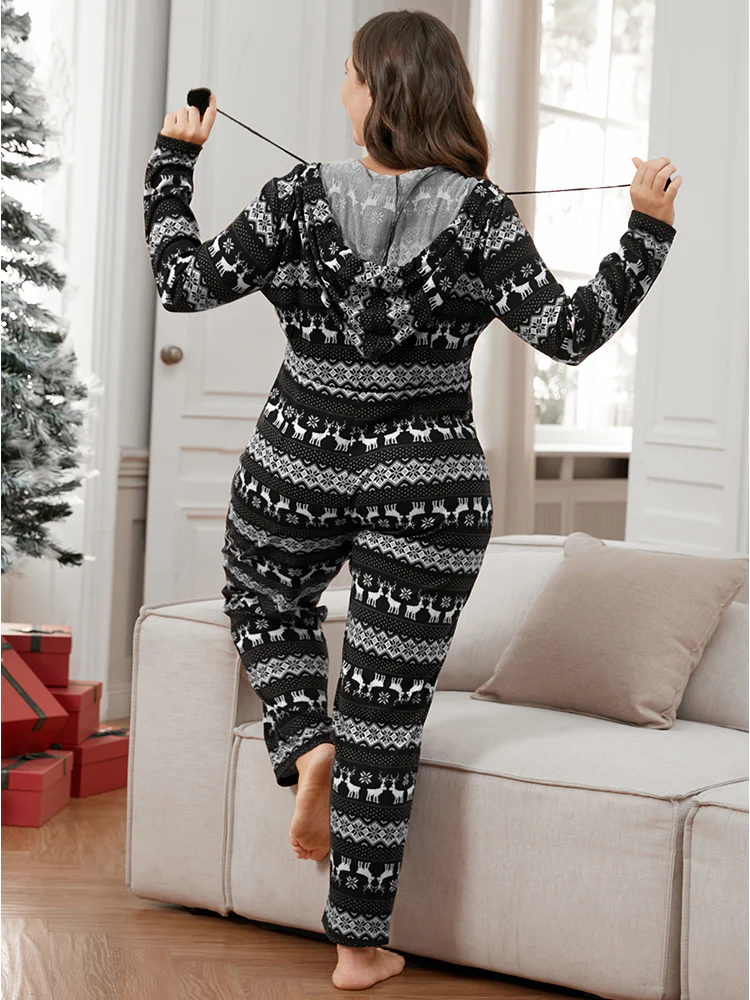 Elk & Snowflake Print Pocket Drawstring Zipper Hooded Jumpsuit - Image 5