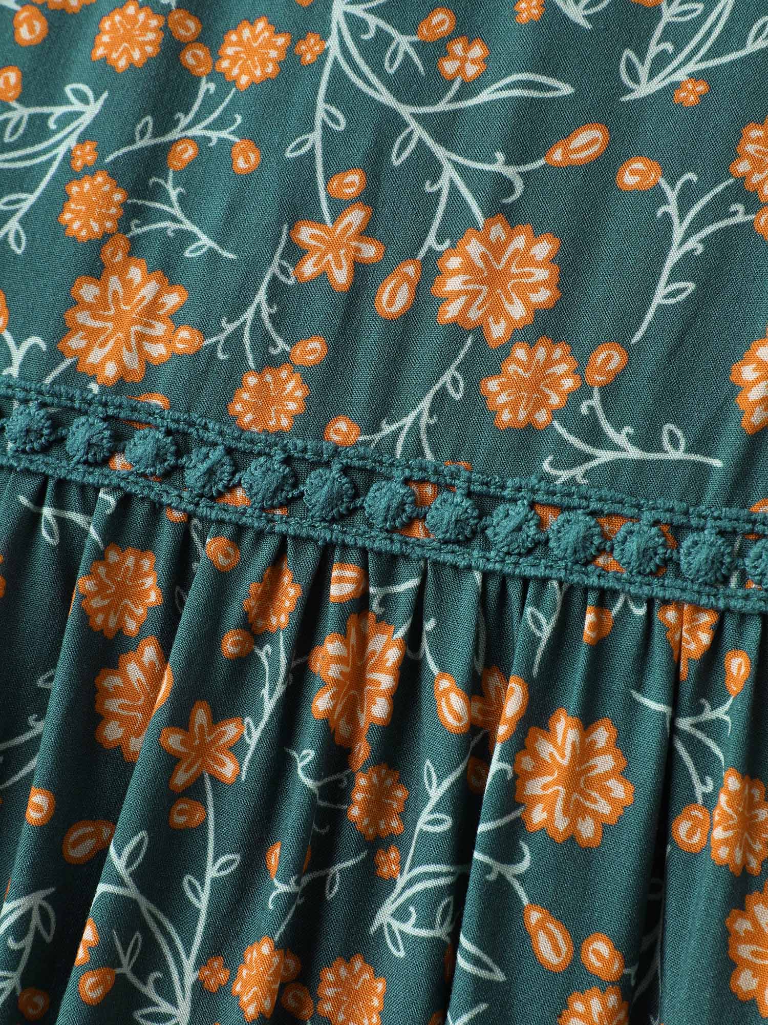 Rayon Floral Print Neck Tie Pockets Maxi Dress - Image 6