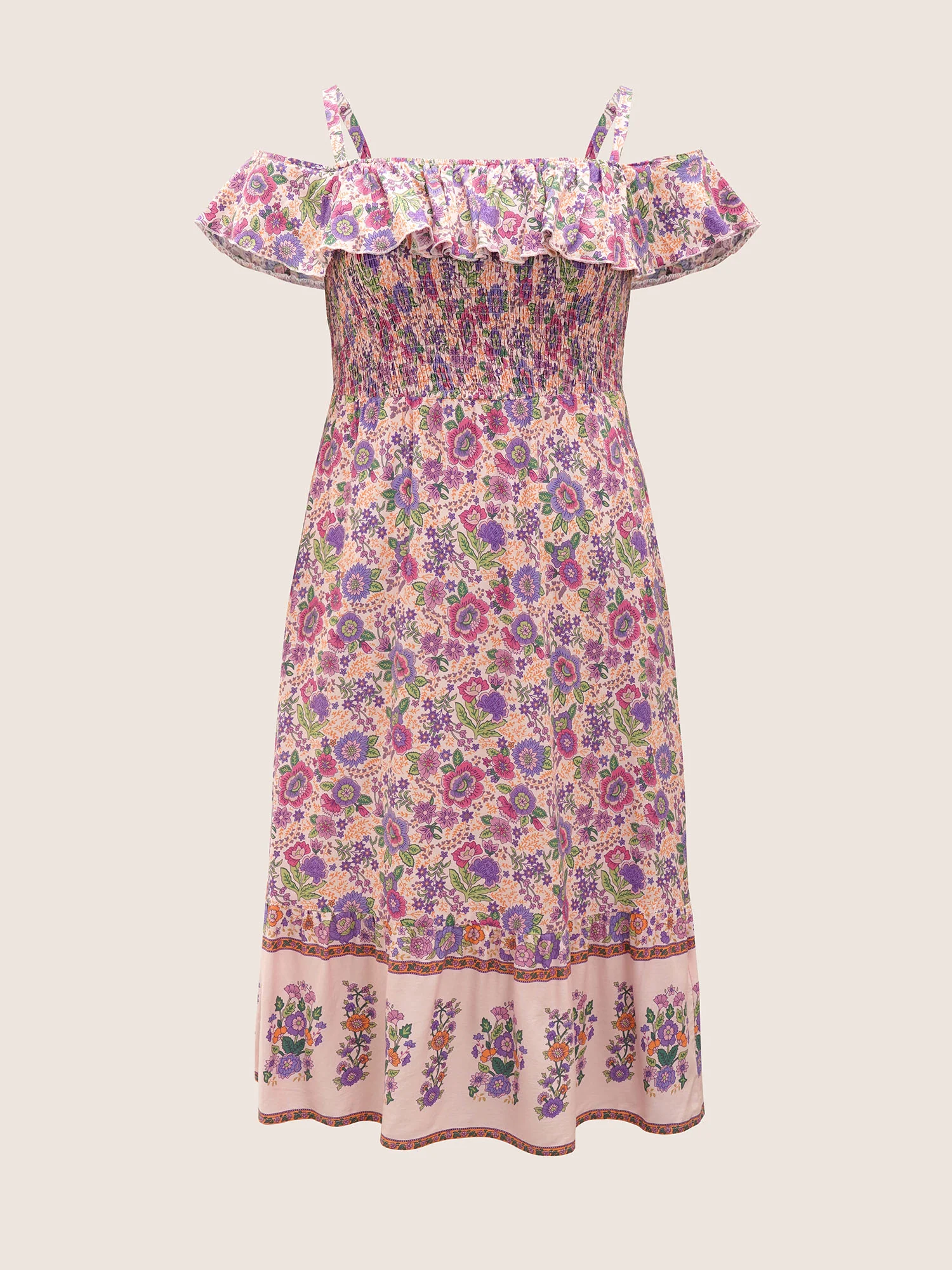 Floral Cold Shoulder Ruffles Shirred Dress - Image 6
