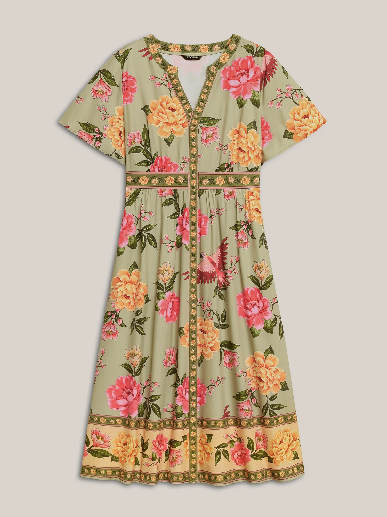 Floral Contrast Hem Split Neck Midi Dress - Image 7