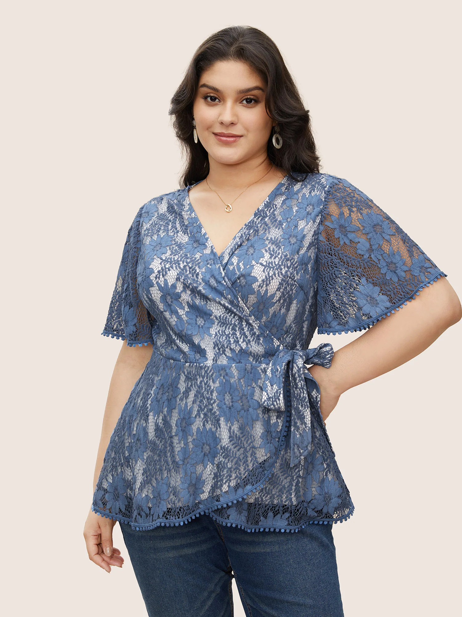 Floral Crochet Lace Mesh Pompom Trim Blouse