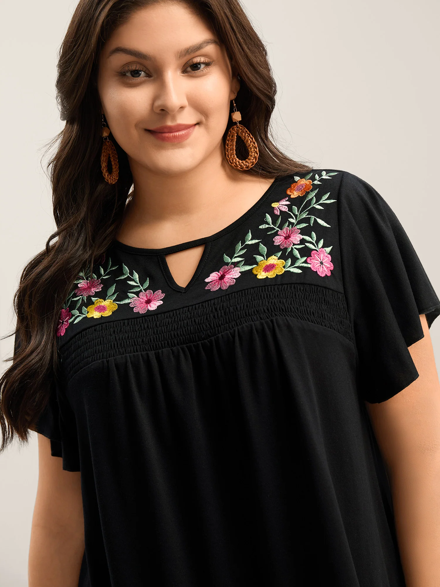 Floral Embroidered Neckline Flared Sleeve Top - Image 2