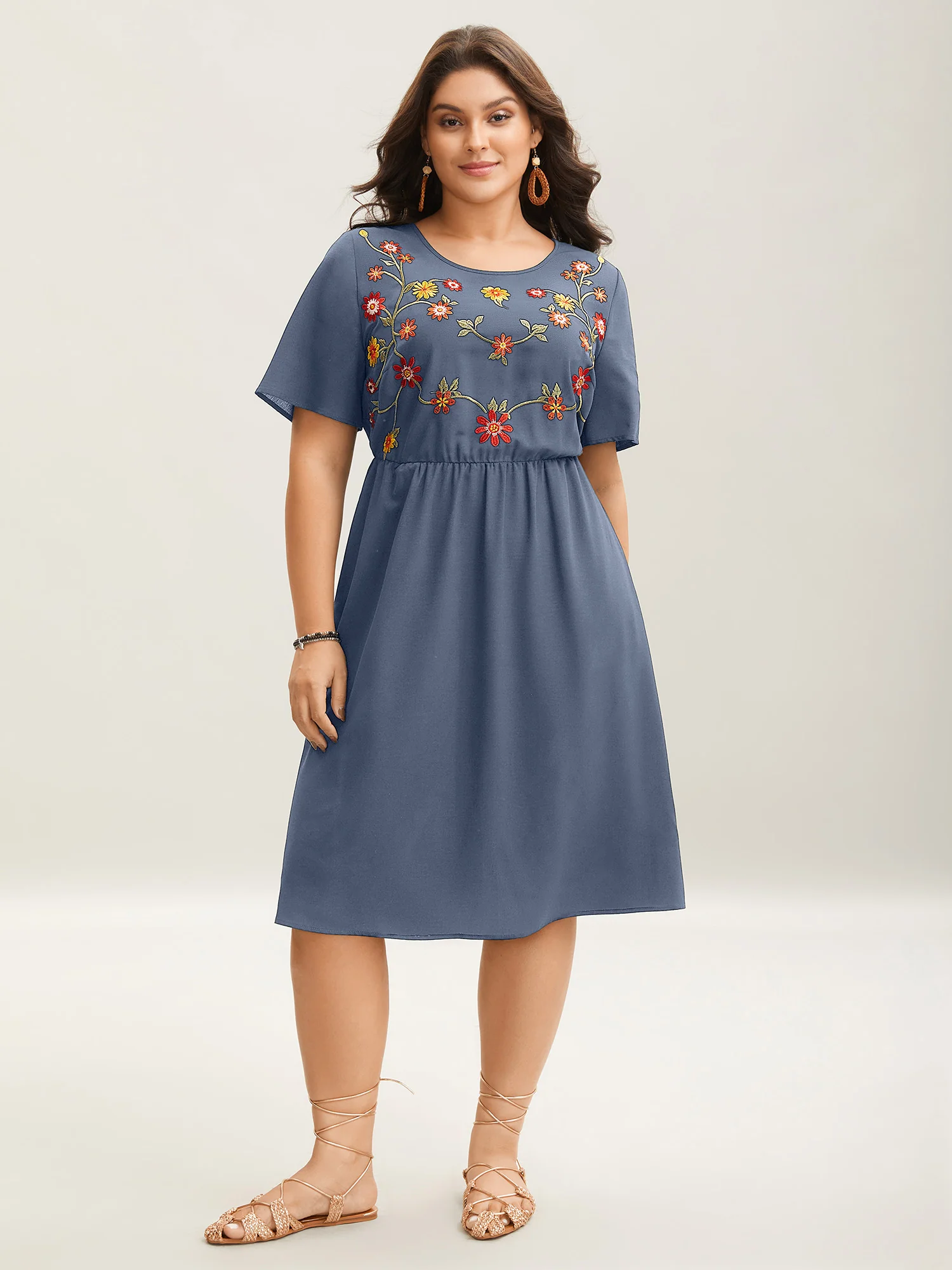 Floral Embroidered Waist-Cinched Midi Dress - Image 8