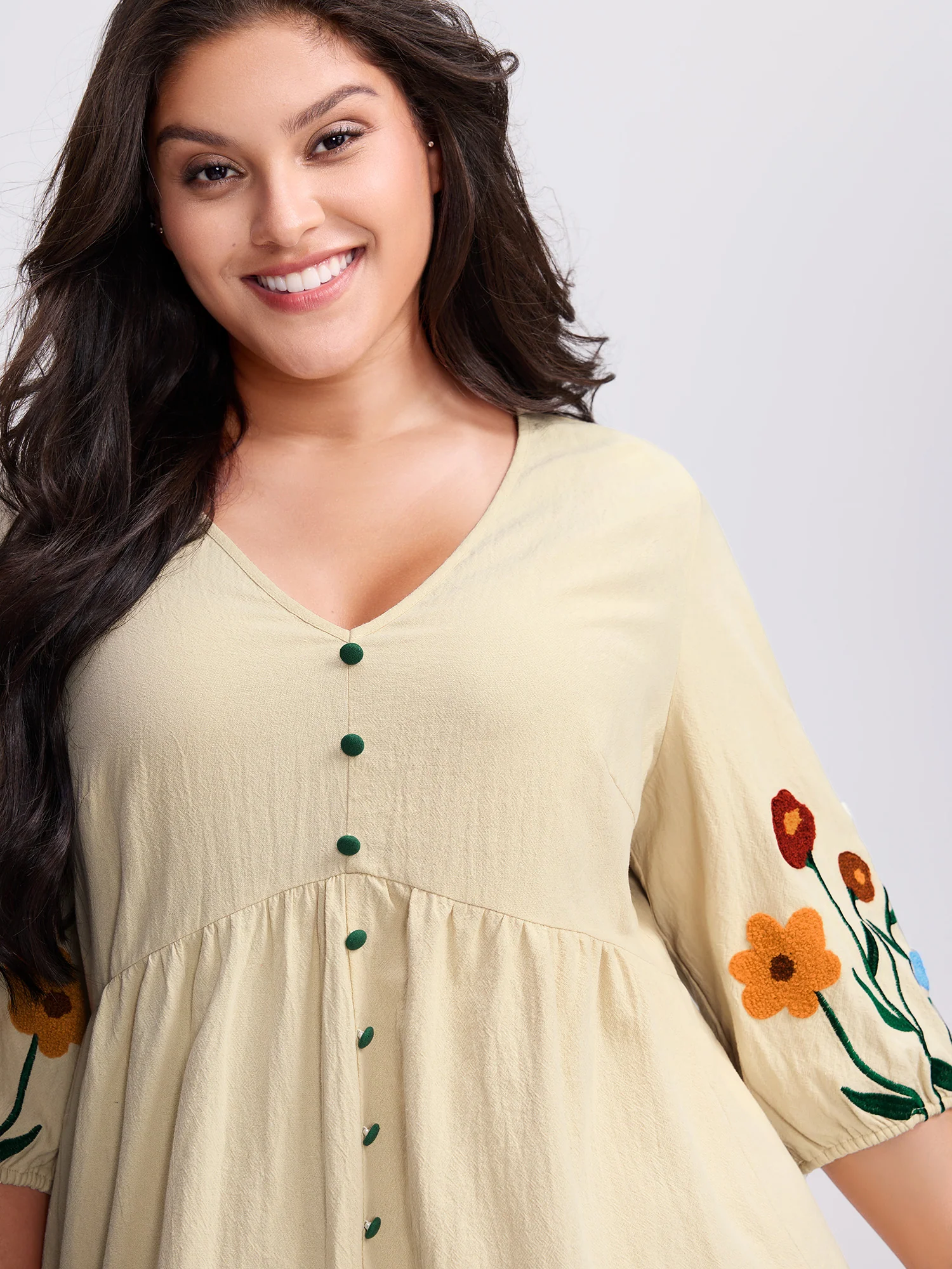 Floral Embroidery Button Front Knee-Length Dress - Image 2