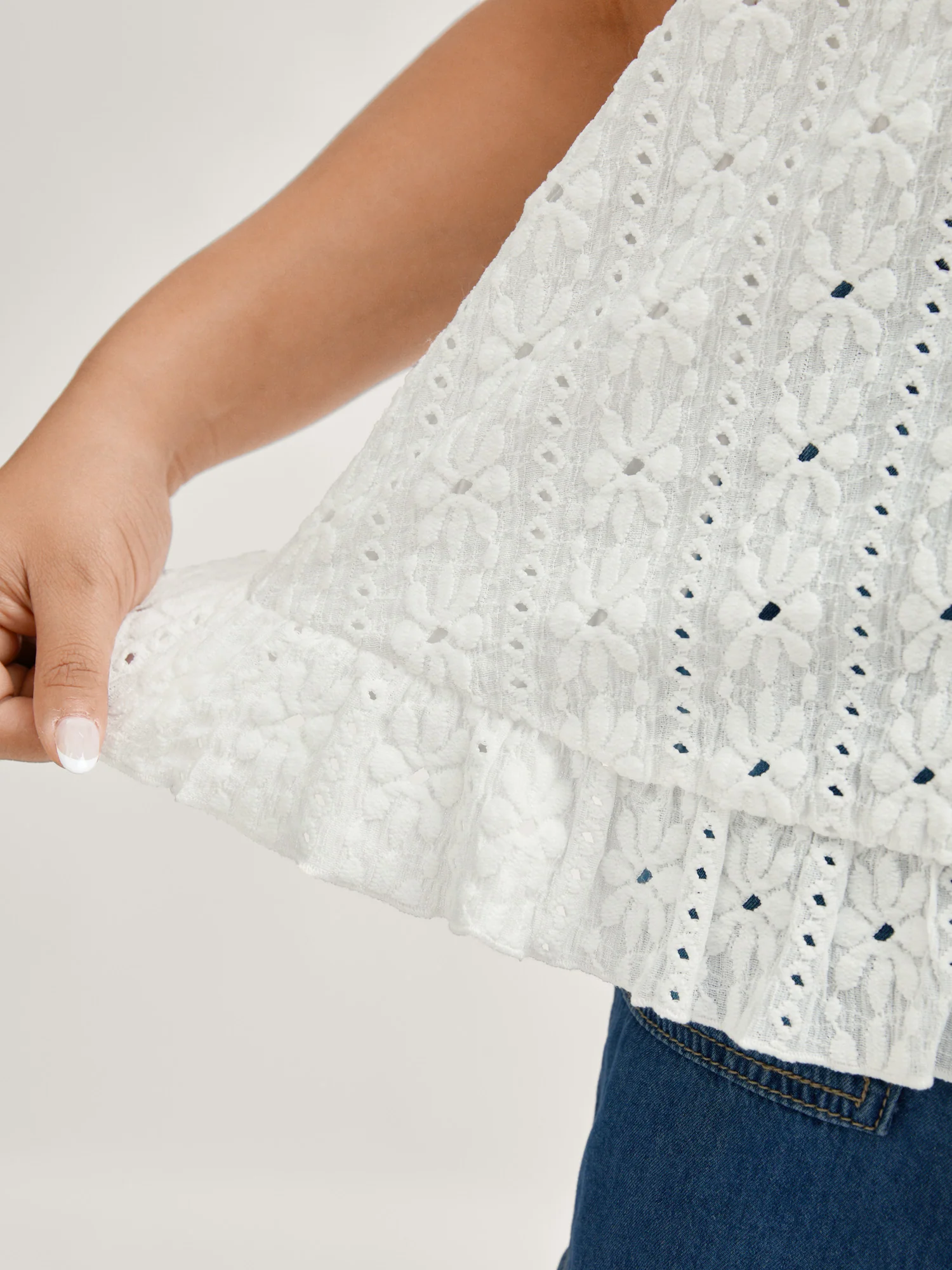 Floral Eyelet Trim Ruffled Hem Top - Image 5