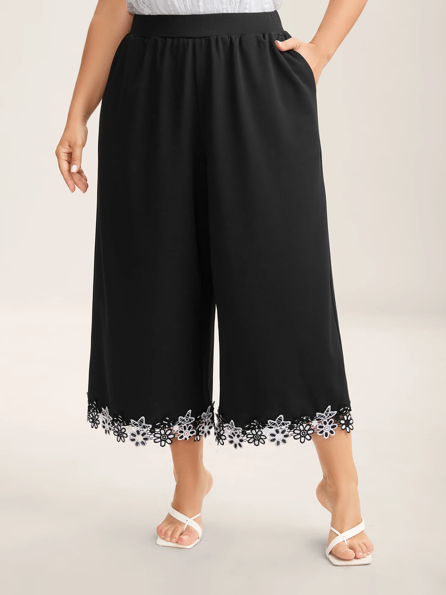 Floral Lace Hem Wide-Leg Pants
