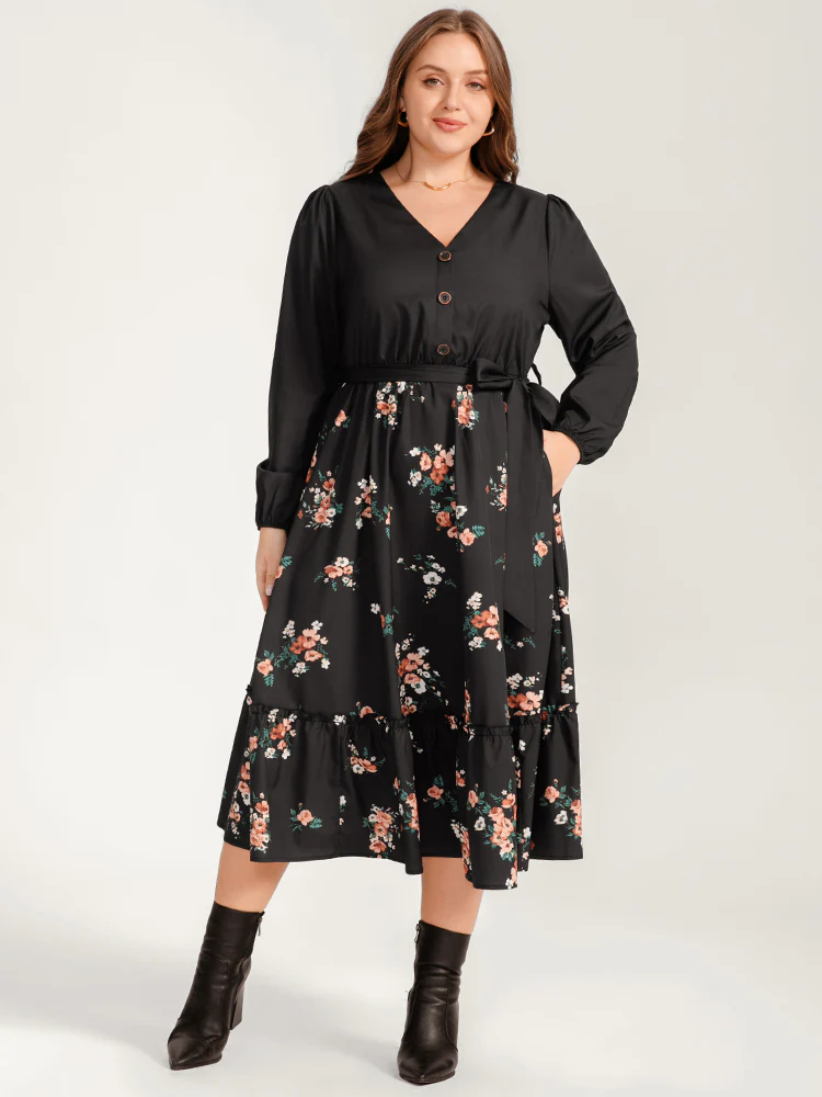 Floral Lantern Sleeve Pocket Belted Wrap Flutter Dress