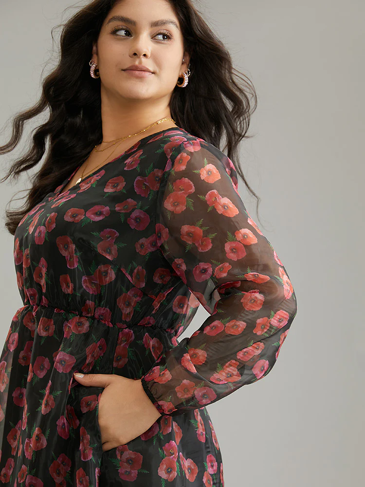 Floral Mesh Elastic Waist Lantern Sleeve Dress - Image 5