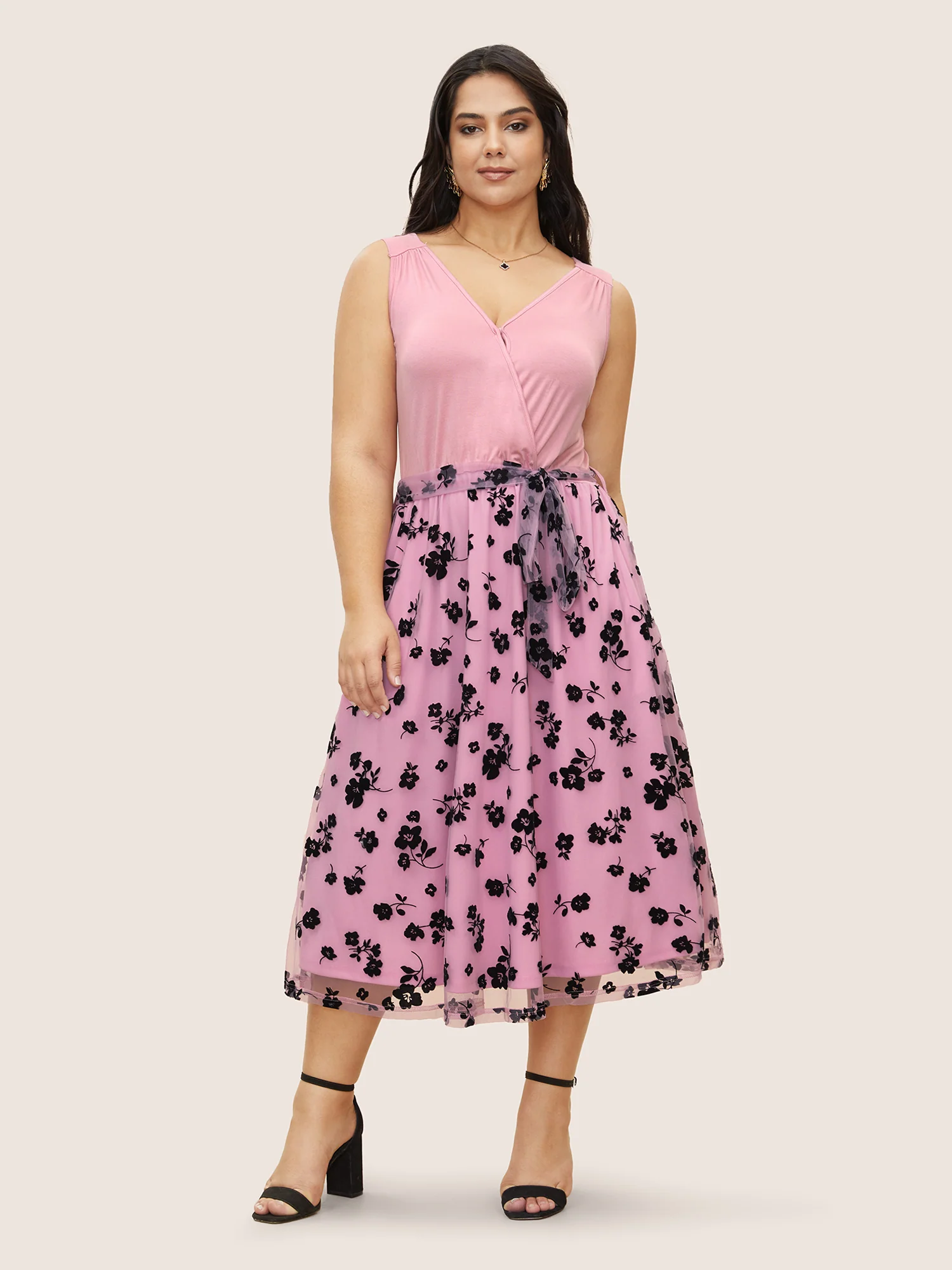 Floral Mesh Patchwork Surplice Neck Tank Dress - Image 7