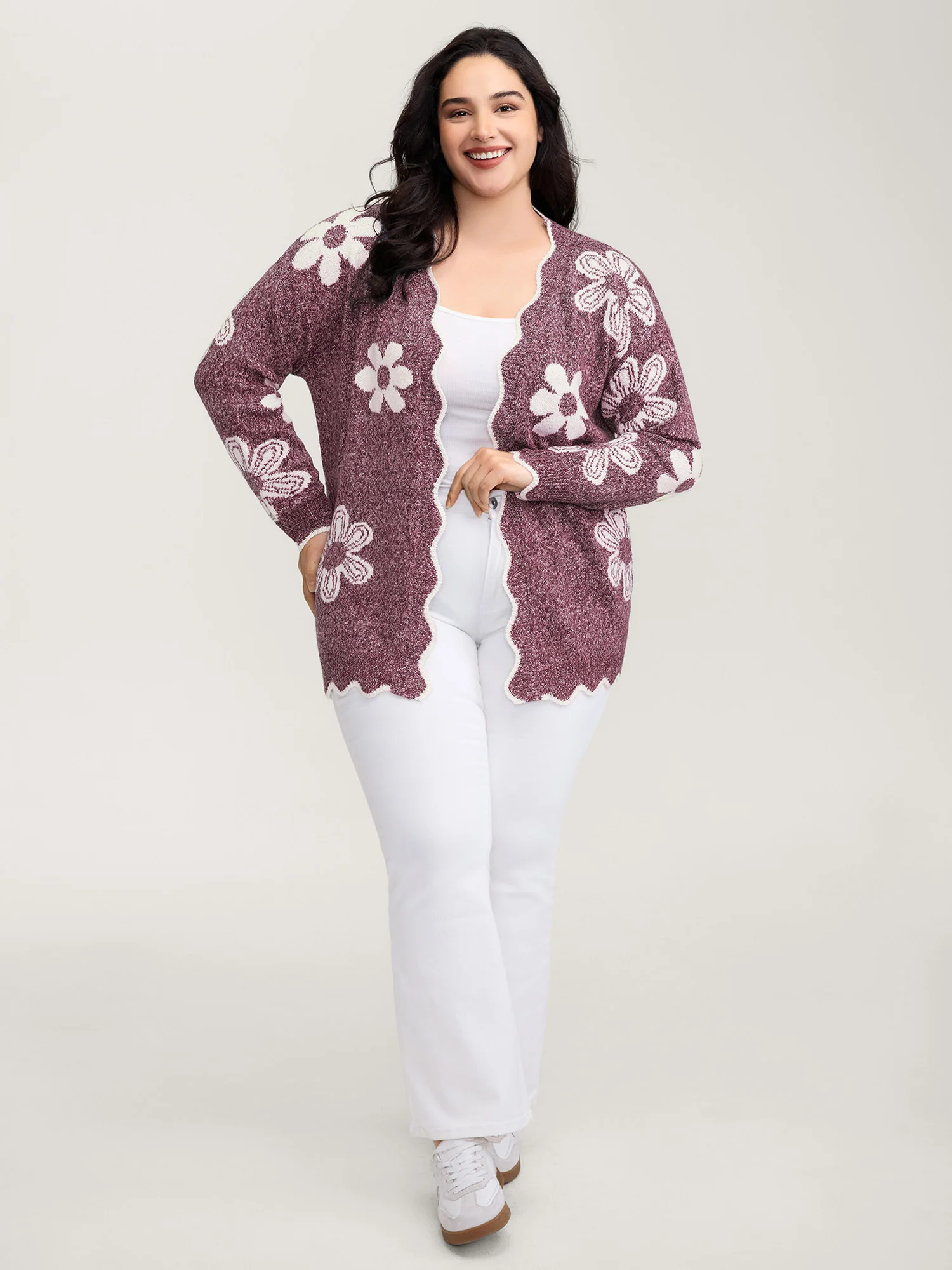 Floral Pattern Open-Front Knitted Cardigan - Image 26