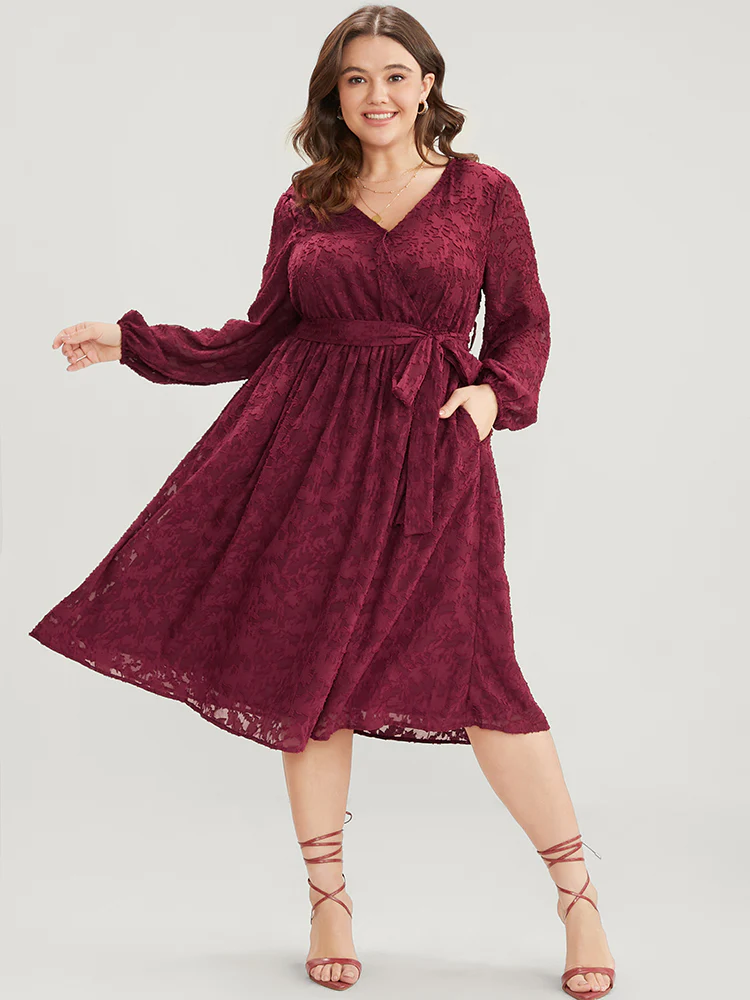 Floral Pocket Lantern Sleeve Belted Surplice Neck Dress - Image 4