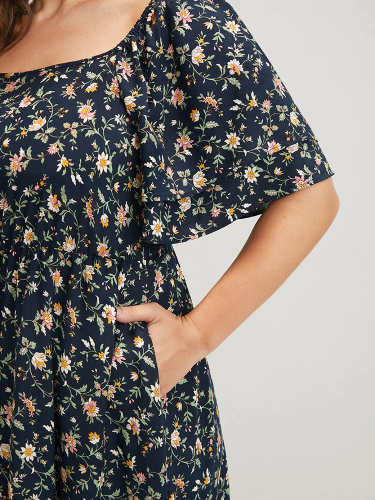 Floral Pocket Ruffles Square Neck Midi Dress - Image 5