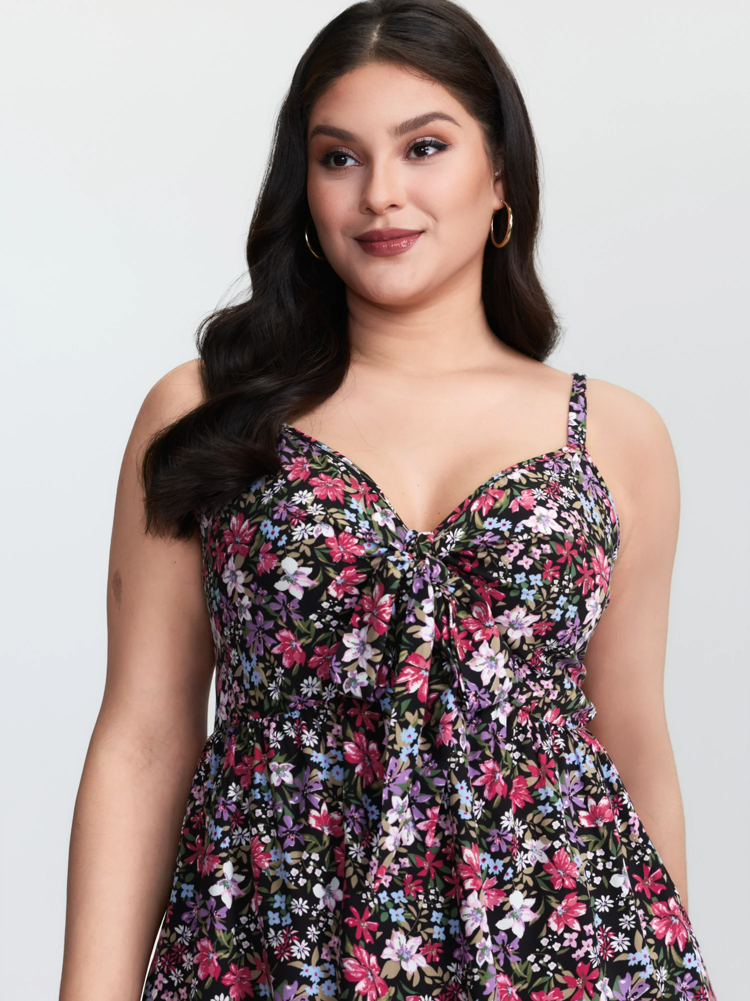 Floral Print Bow Tie Cinched Waist Tank Top - Image 2