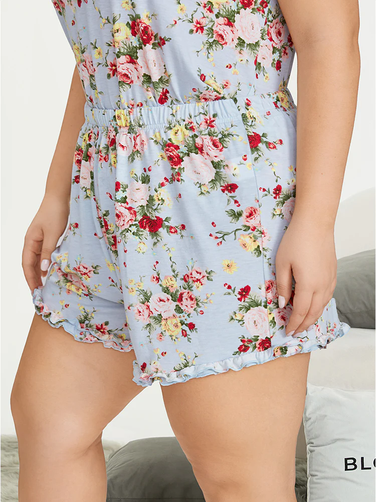 Floral Print Elastic Waist Frill Trim Sleep Shorts - Image 3