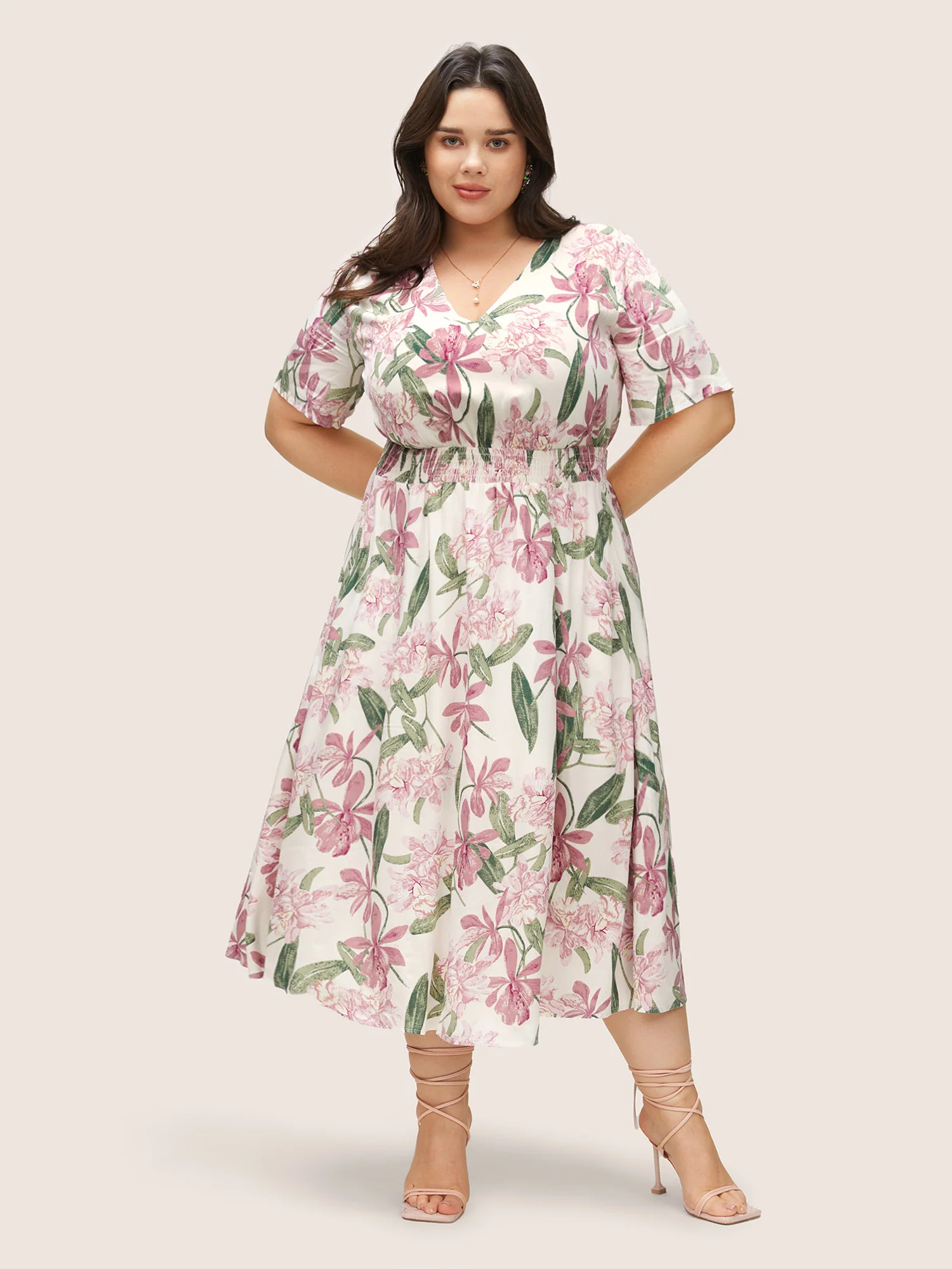 Floral Print Elastic Waist Shirred Dress - Image 2