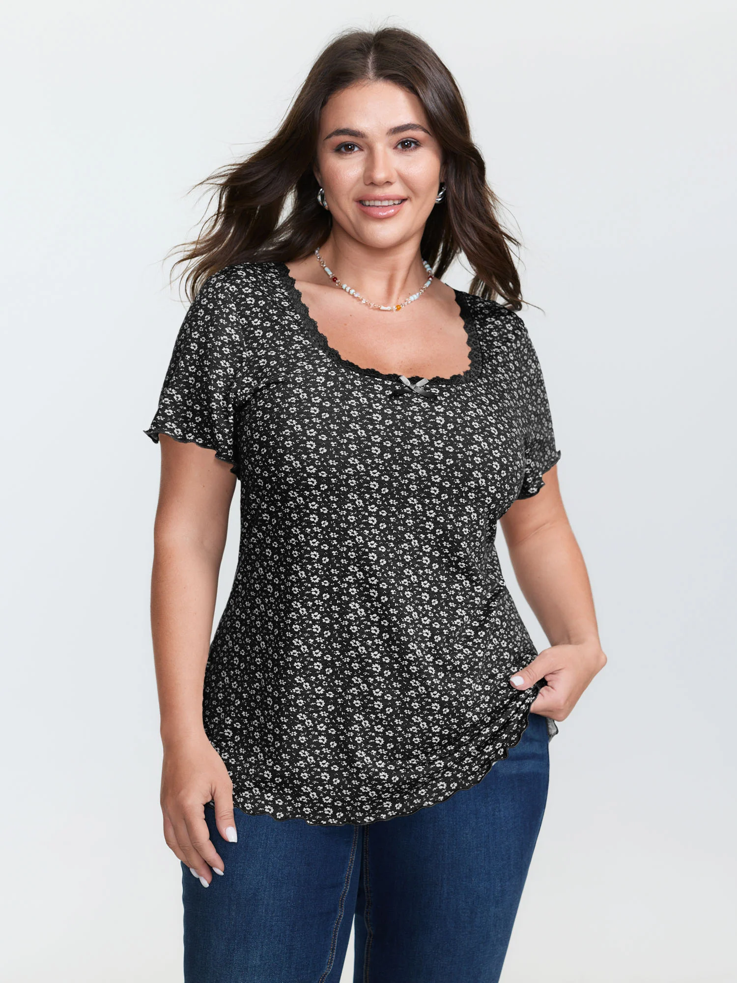 Floral Print Lace Neckline T-Shirt - Image 8