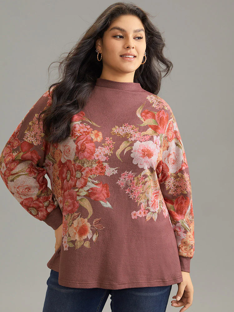 Floral Print Mock Neck Elastic Cuffs Sweatshirt