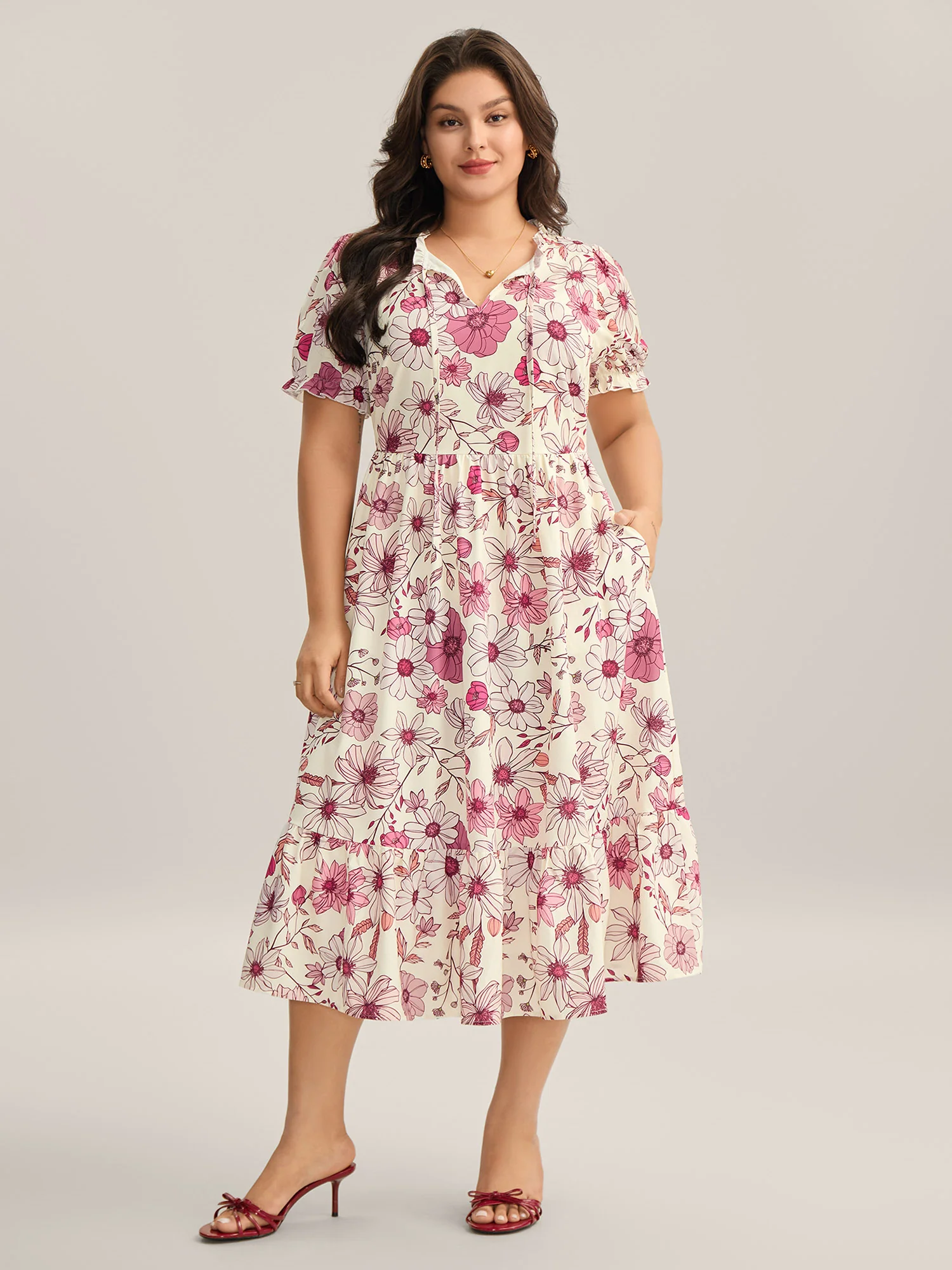 Floral Print Neck Tie Tiered Maxi Dress - Image 3