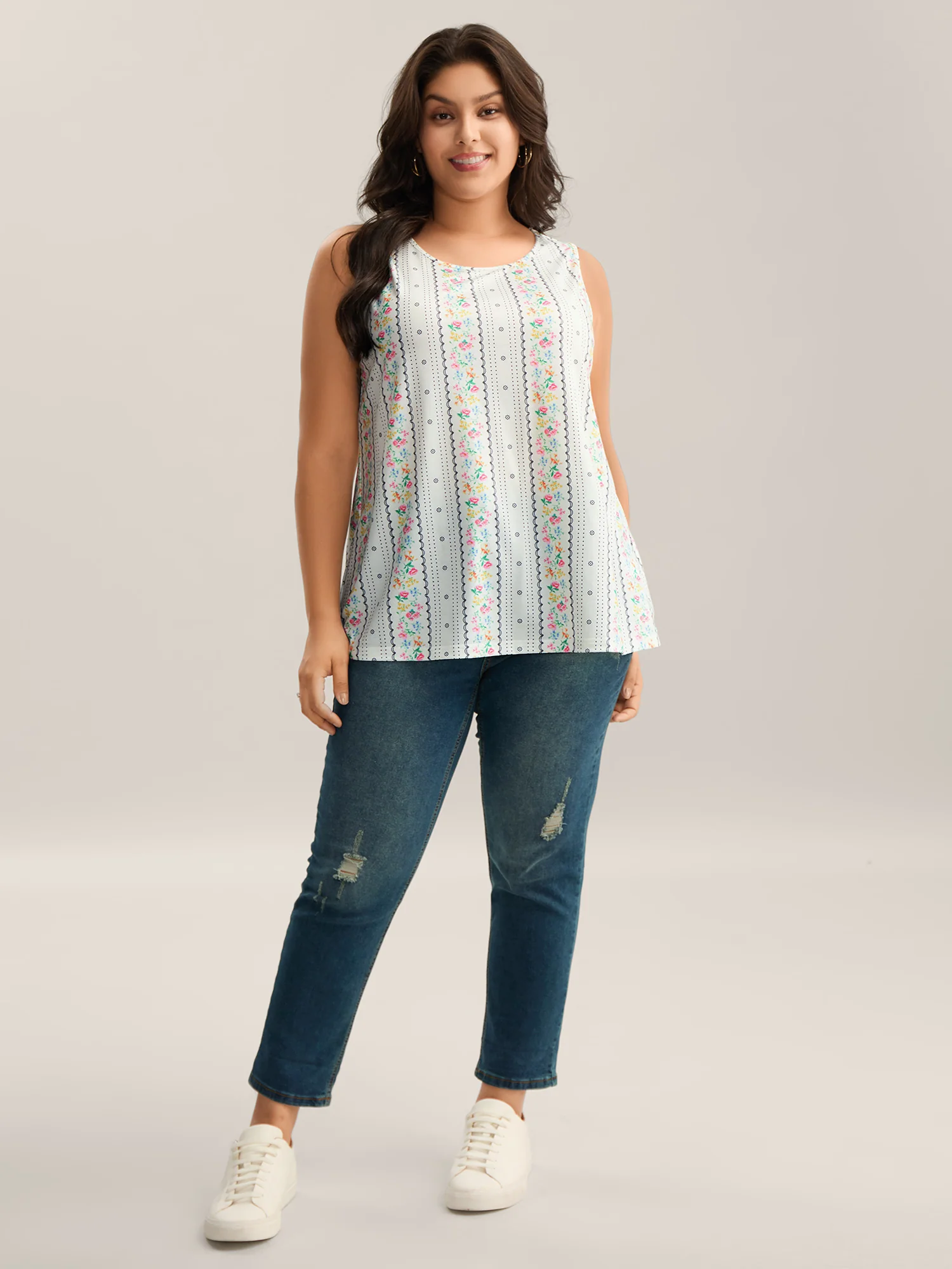Floral Print Panels Fitted Tank Top - Image 3