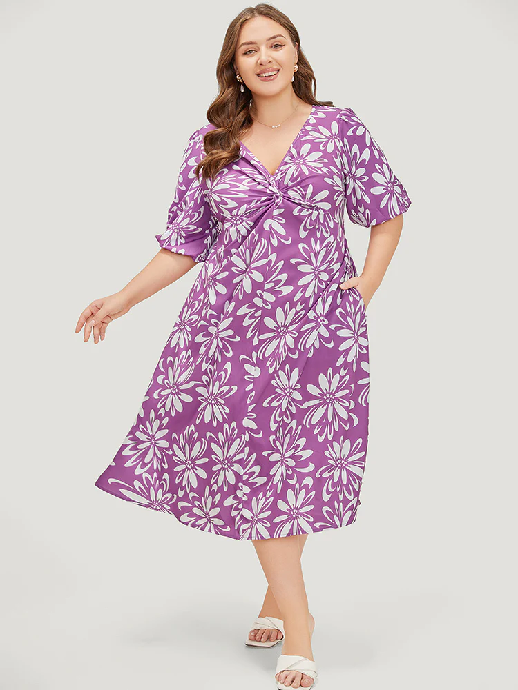 Floral Print Puff Sleeve Pocket Twist Front Dress - Image 4