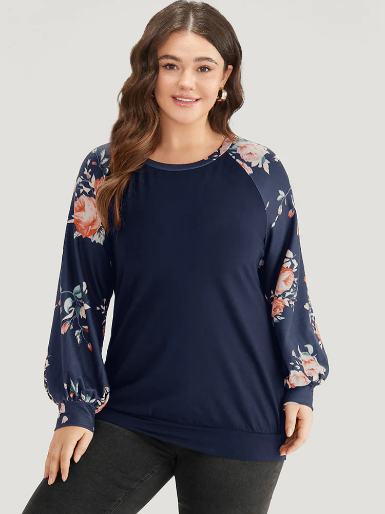 Floral Print Raglan Sleeve Patchwork Sweatshirt - Image 3