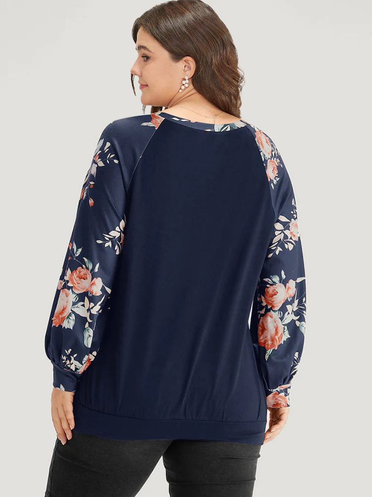 Floral Print Raglan Sleeve Patchwork Sweatshirt - Image 6