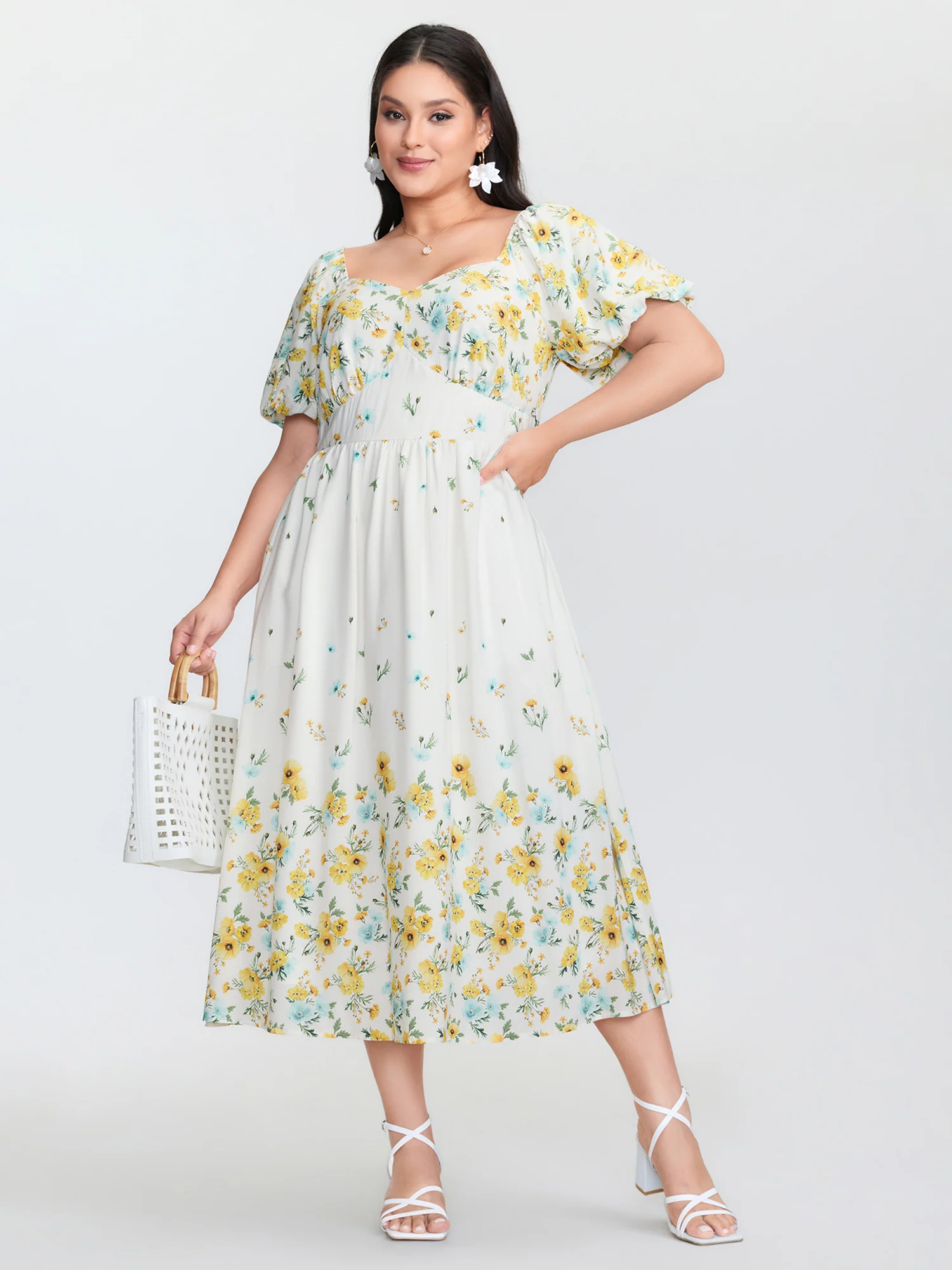 Floral Print Shirred Bodice Triangular Waist Midi Dress