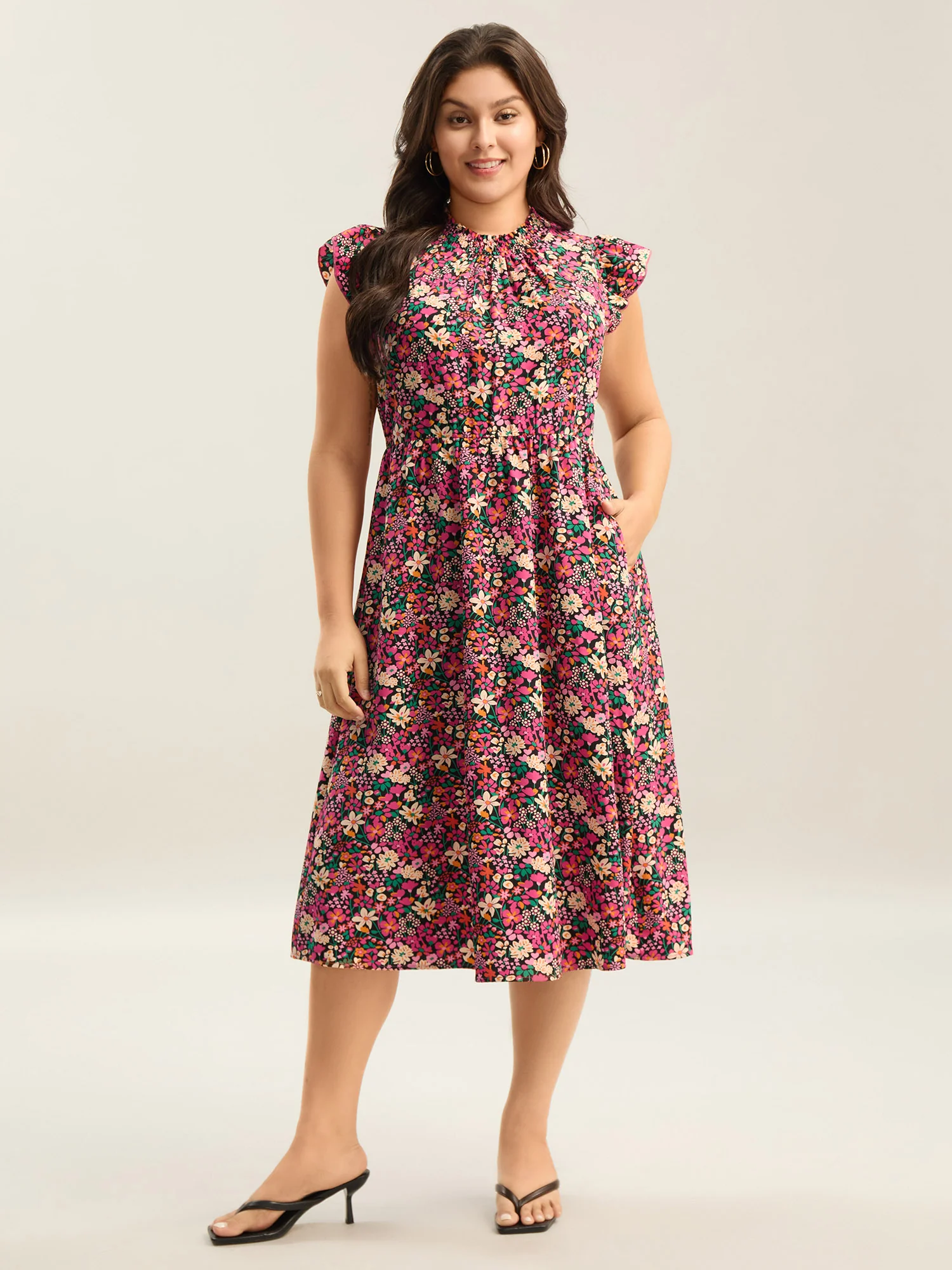 Floral Print Shirred Pockets Midi Dress - Image 18